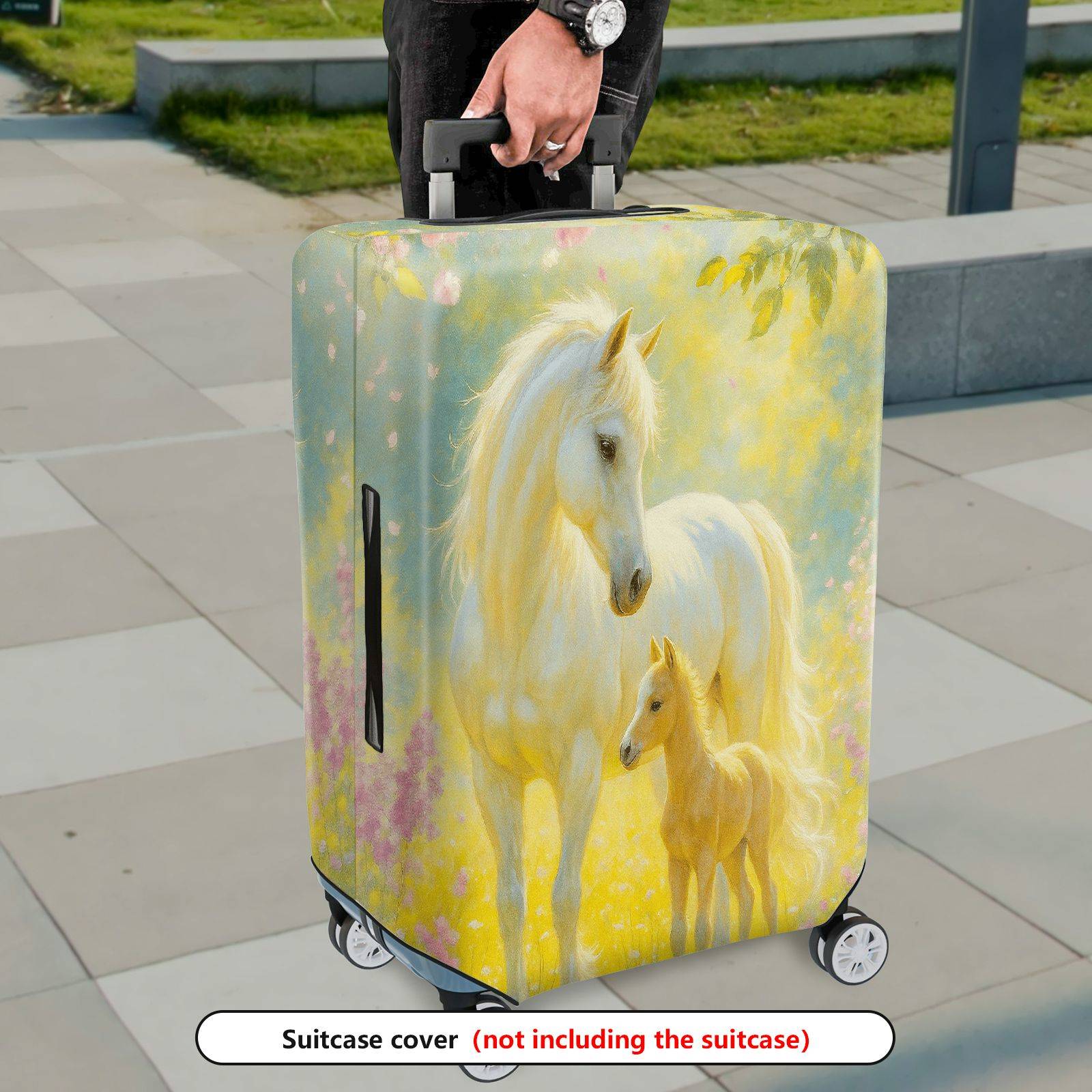 1-Piece Horse Nature Pastoral Floral Artistic  Suitcase Luggage Cover, Stretch Protective Sleeve