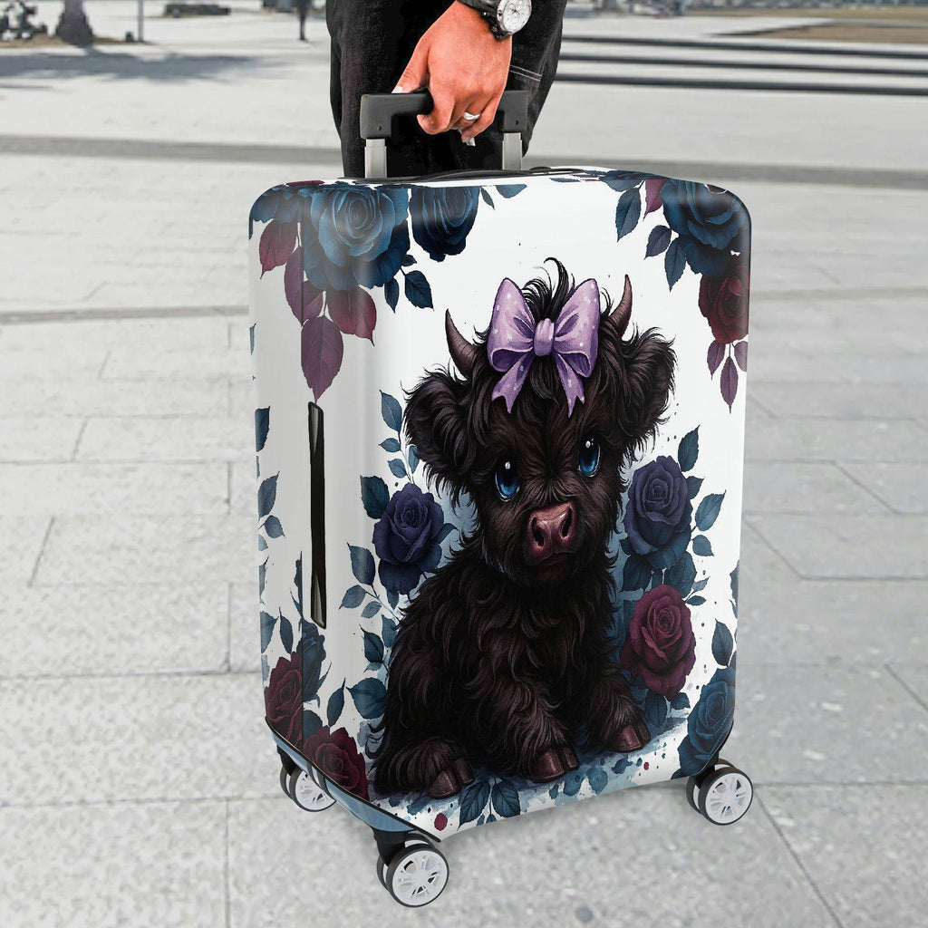 1-Piece Cute Black Highland Cow Floral Bow Travel  Suitcase Luggage Cover, Stretch Protective Sleeve