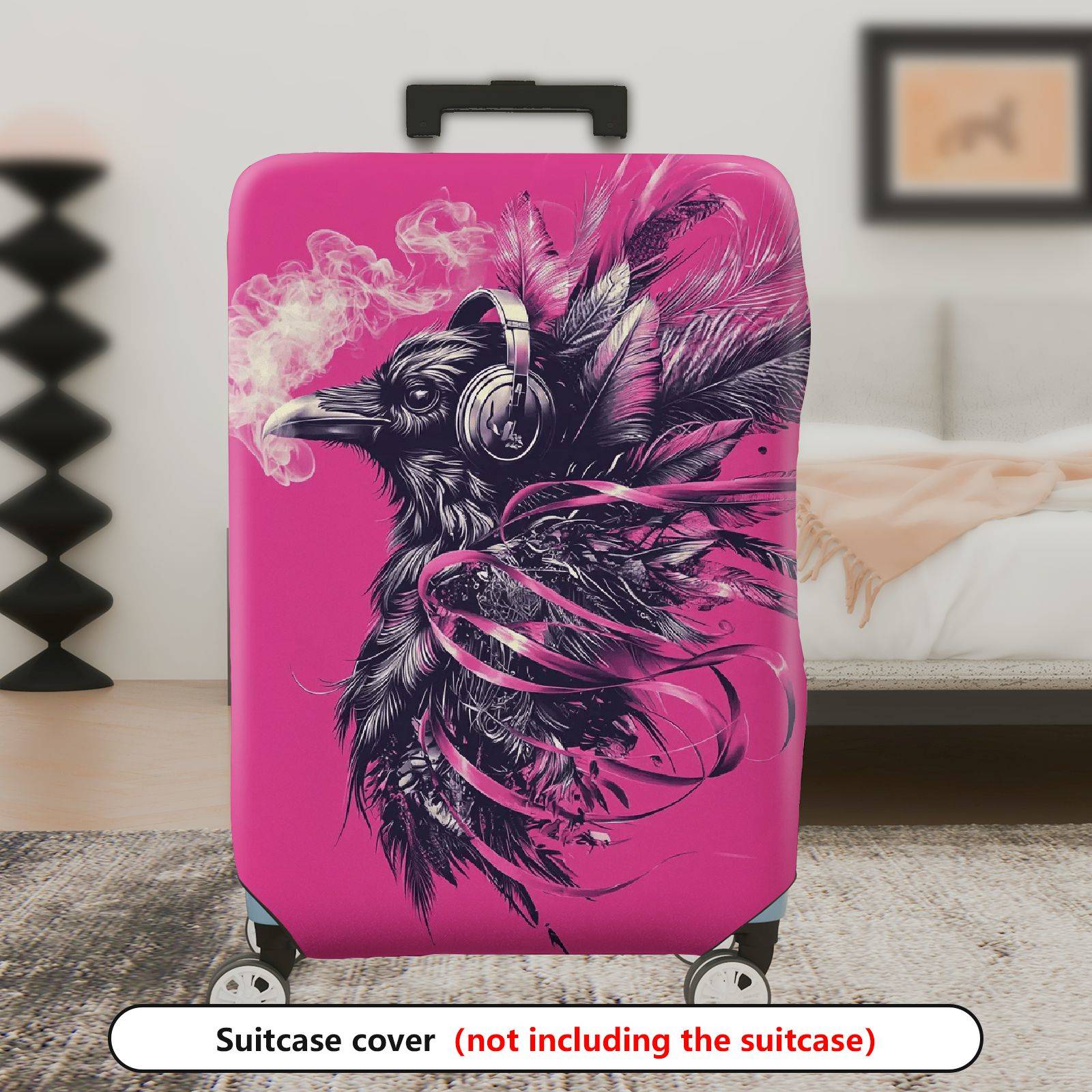 1-Piece Artistic Pink Raven Feather Smoke Headphones  Suitcase Luggage Cover, Stretch Protective Sleeve