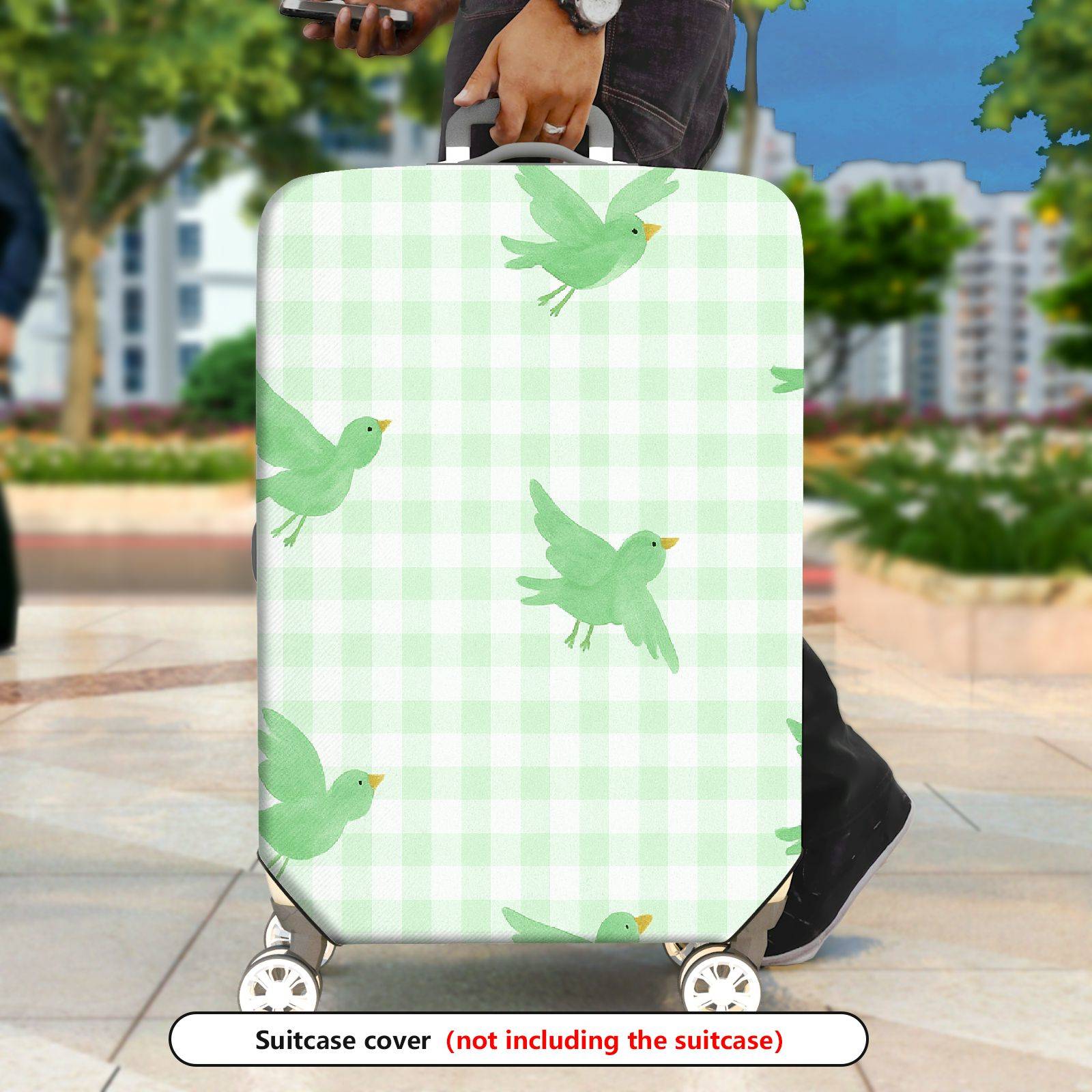 1-Piece Green Bird Check Pattern Plaid Travel Holiday  Suitcase Luggage Cover, Stretch Protective Sleeve