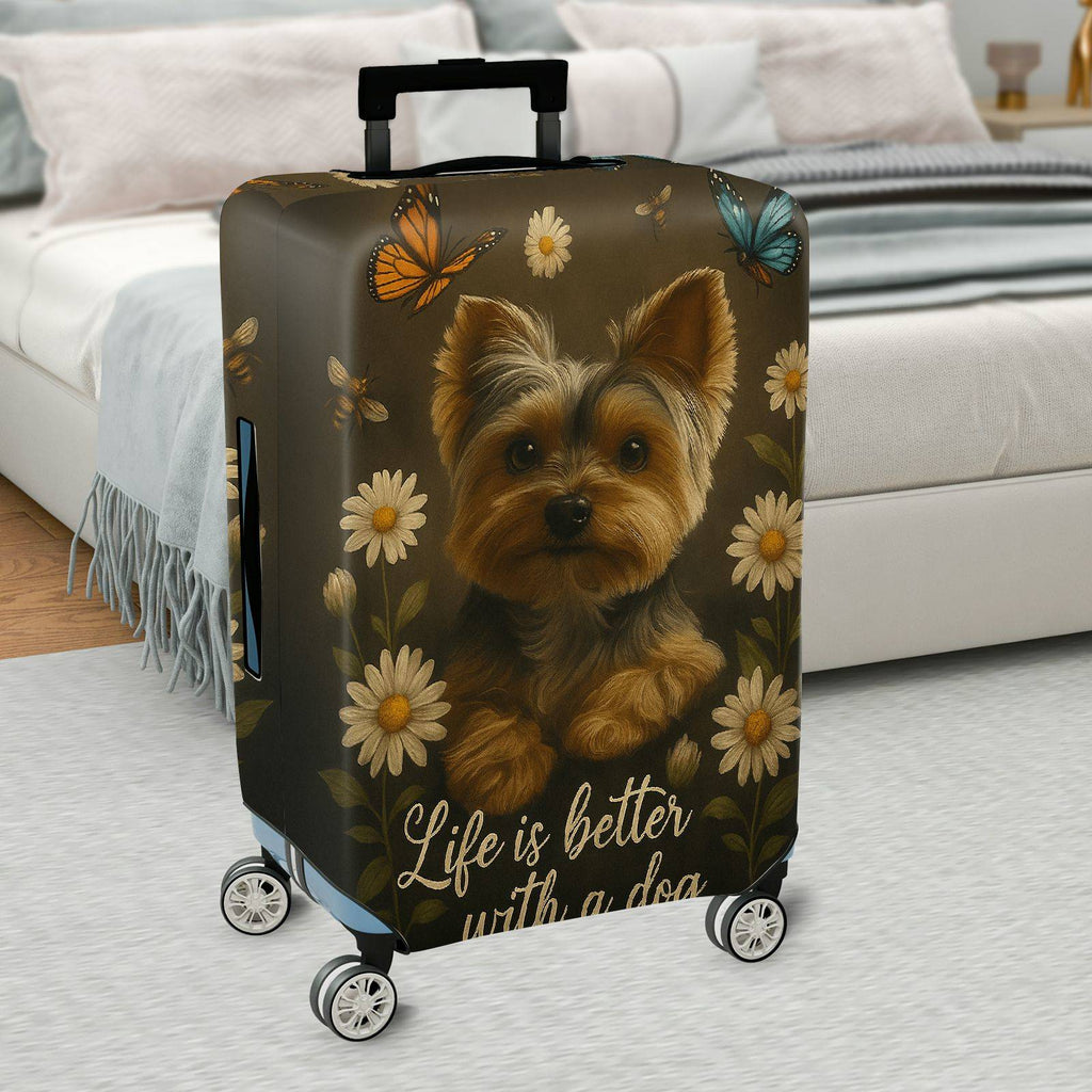 1-Piece Floral Butterfly Dog Yorkshire Daisy  Suitcase Luggage Cover, Stretch Protective Sleeve