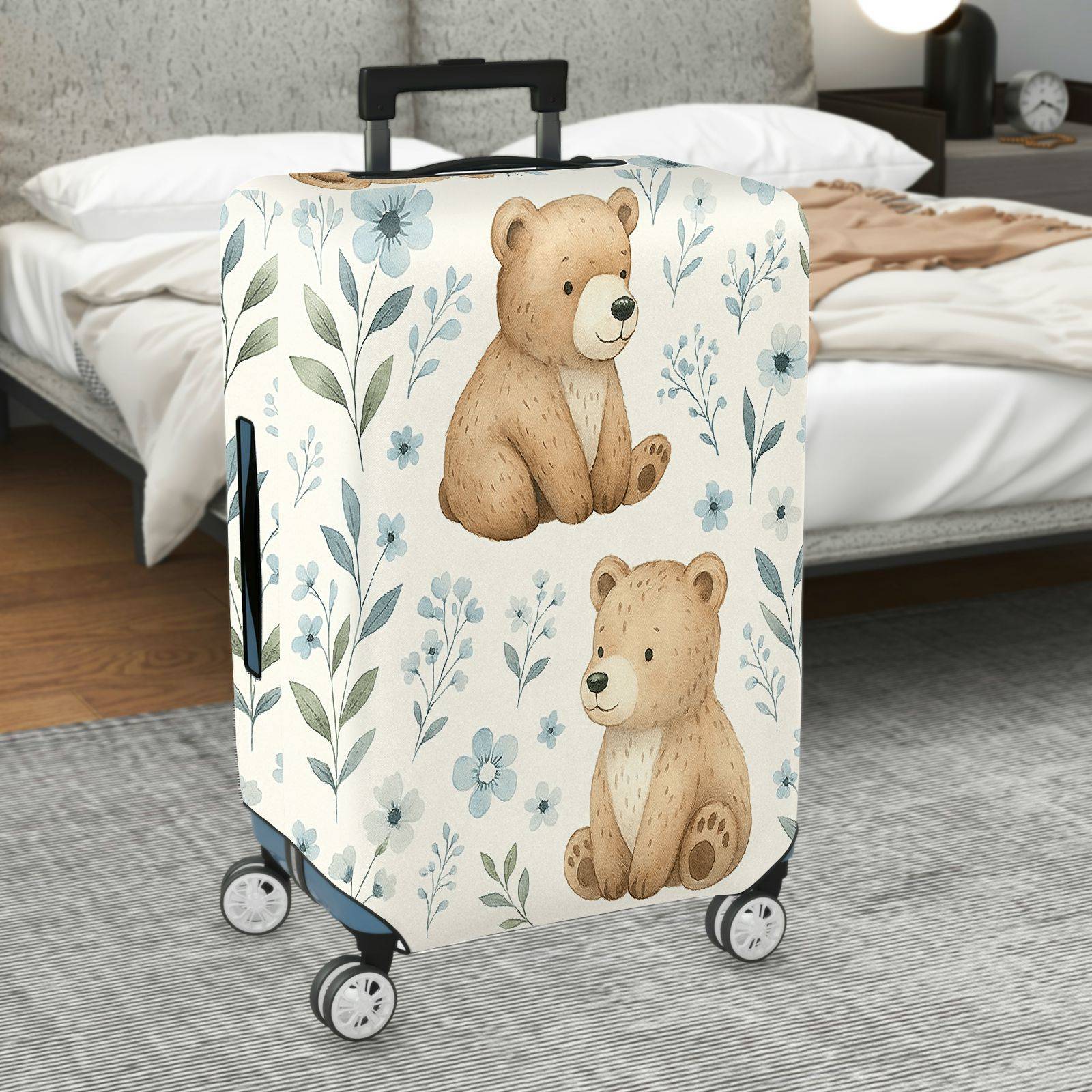 1-Piece Cute Bear Floral Nature Artistic Animal  Suitcase Luggage Cover, Stretch Protective Sleeve
