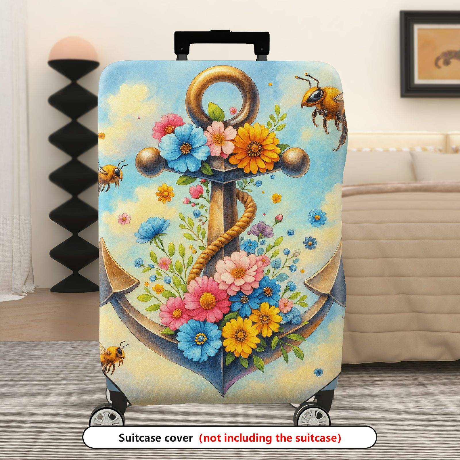 1-Piece Anchor Floral Ocean Bee Clouds Colorful  Suitcase Luggage Cover, Stretch Protective Sleeve