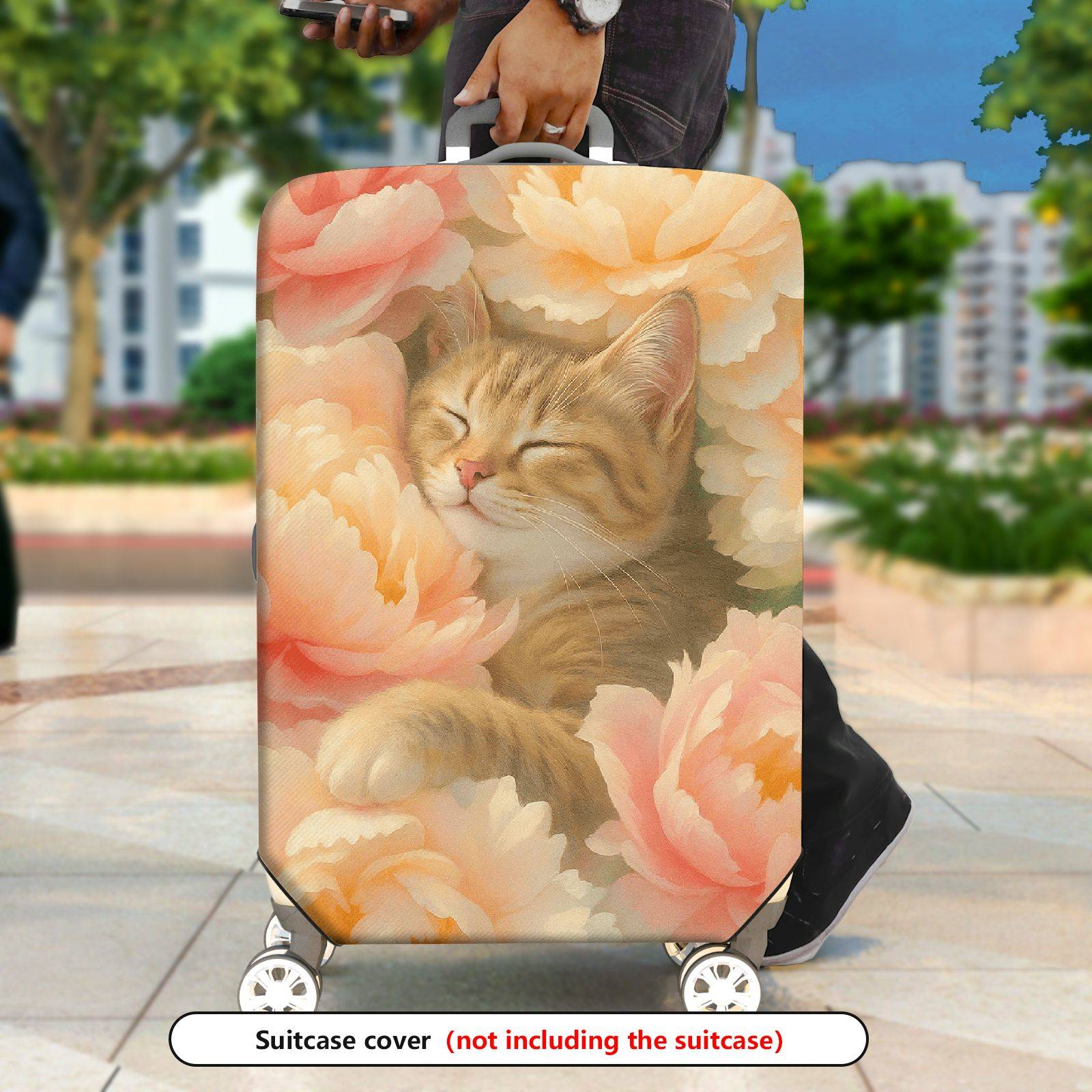 1-Piece Floral Cat Peony Blossom Nature Art  Suitcase Luggage Cover, Stretch Protective Sleeve