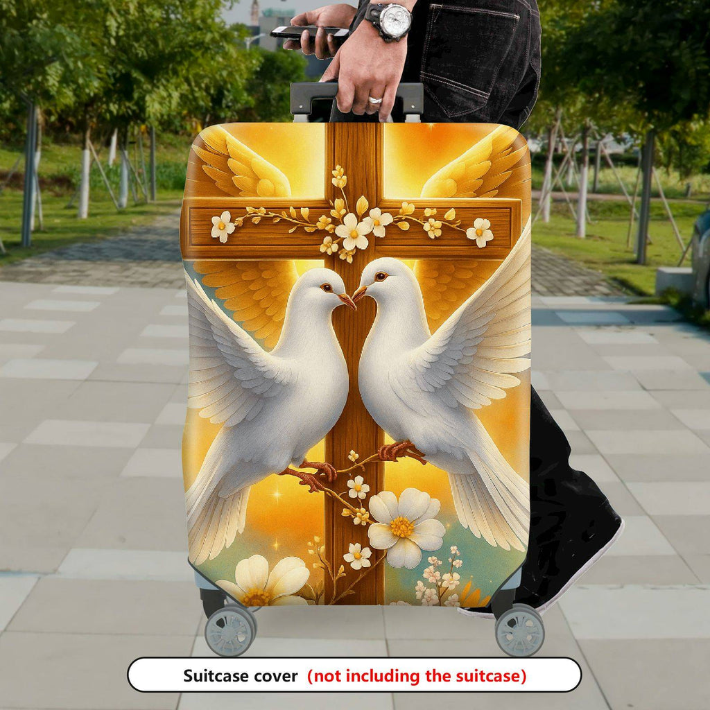 1-Piece Dove Cross Floral Religious Spiritual Peace  Suitcase Luggage Cover, Stretch Protective Sleeve