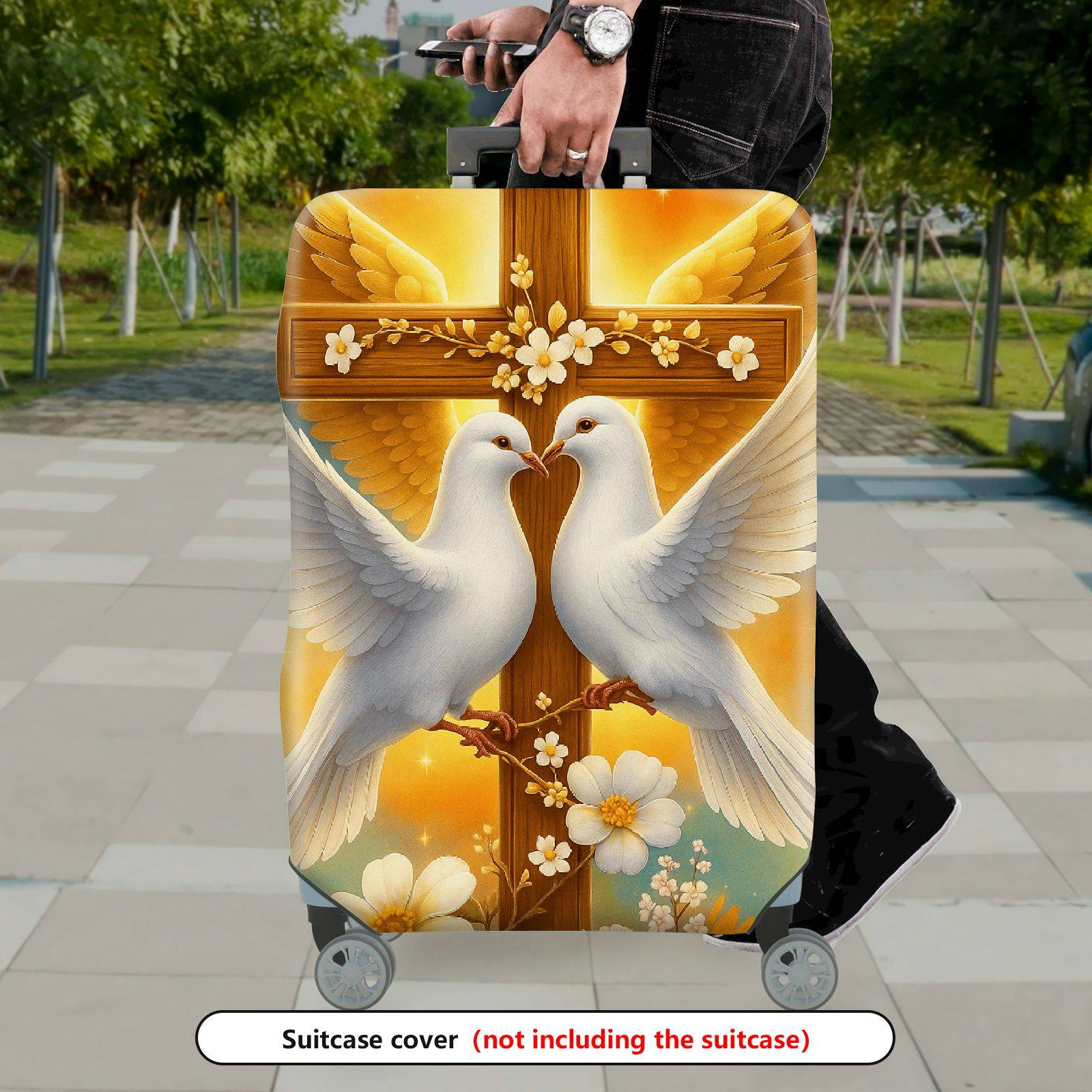 1-Piece Dove Cross Floral Religious Spiritual Peace  Suitcase Luggage Cover, Stretch Protective Sleeve