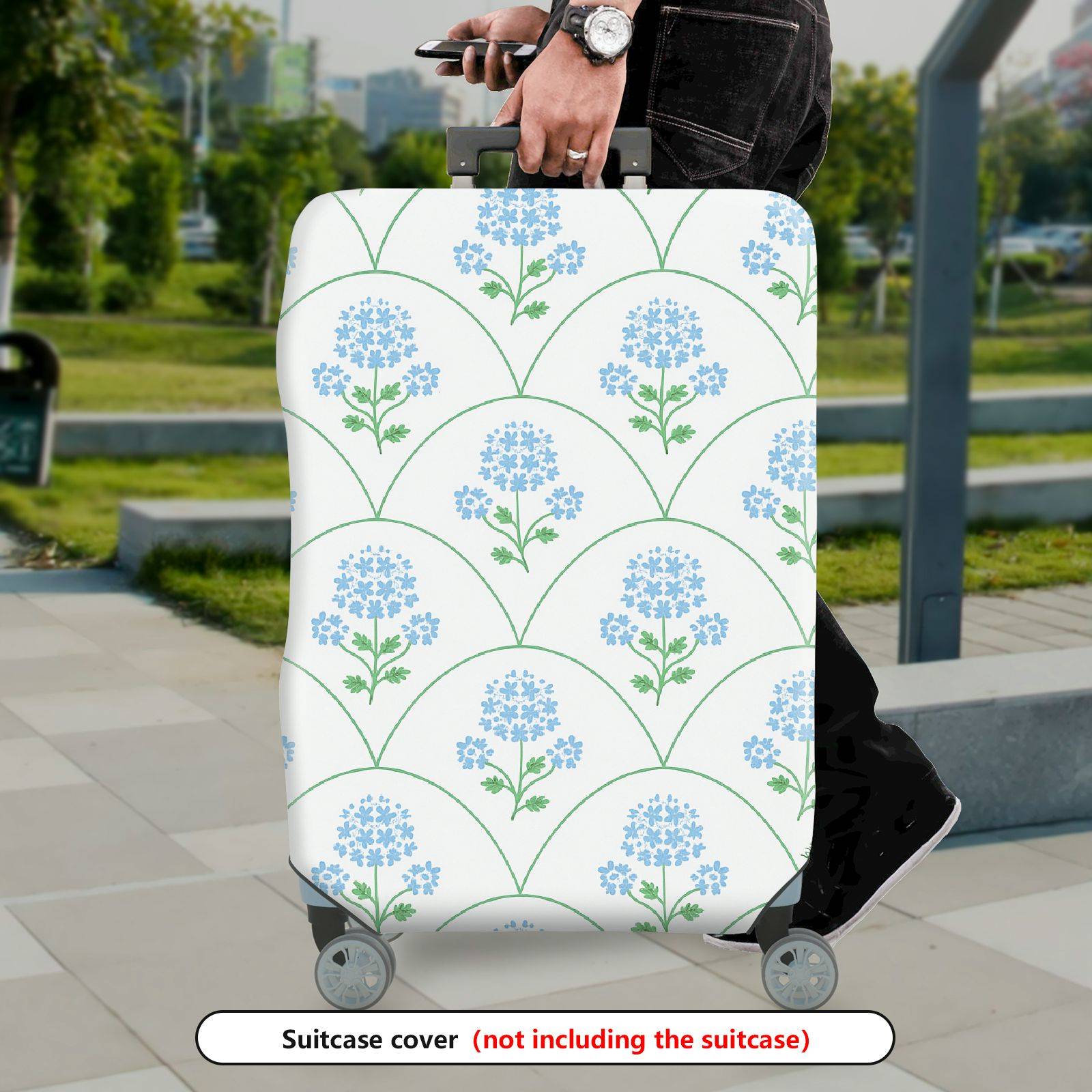 1-Piece Blue Floral Pattern Decorative Travel Holiday Elegant Stylish  Suitcase Luggage Cover, Stretch Protective Sleeve