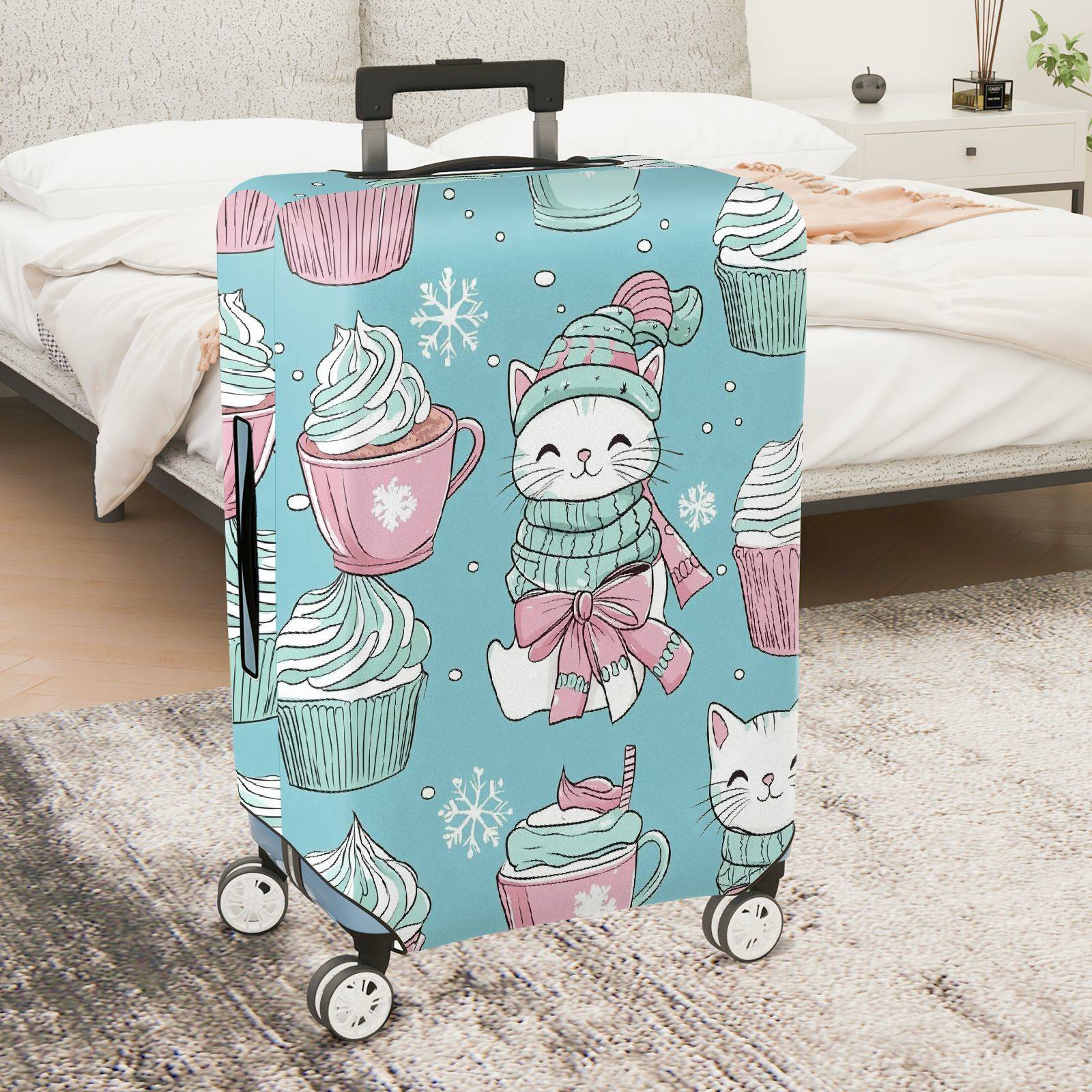 1-Piece Cute Cat Snowflake Cupcake Winter Christmas  Suitcase Luggage Cover, Stretch Protective Sleeve