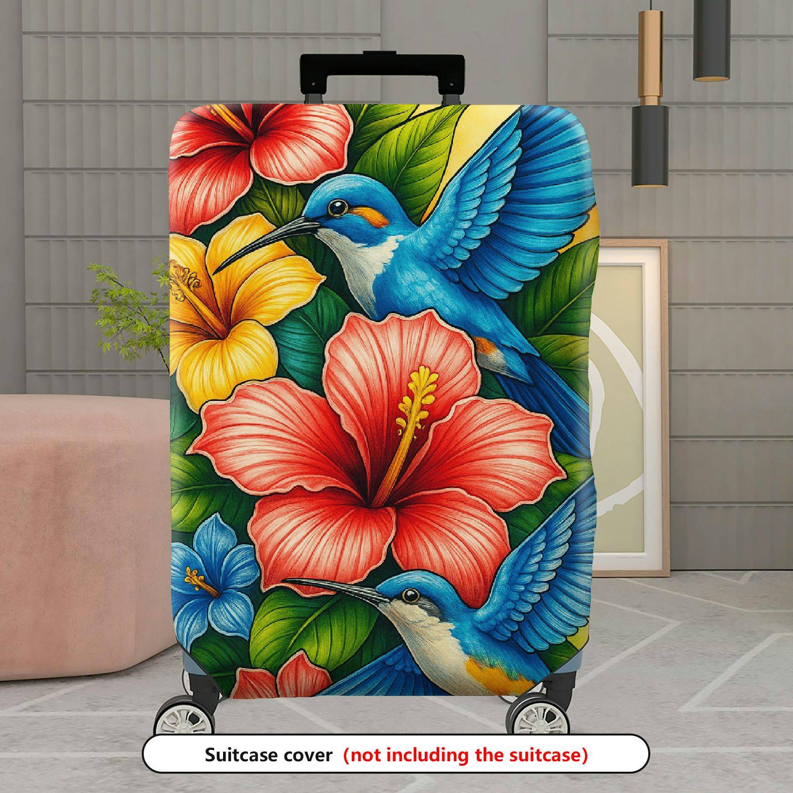 1-Piece Colorful Floral Bird Art Luggage  Suitcase Luggage Cover, Stretch Protective Sleeve