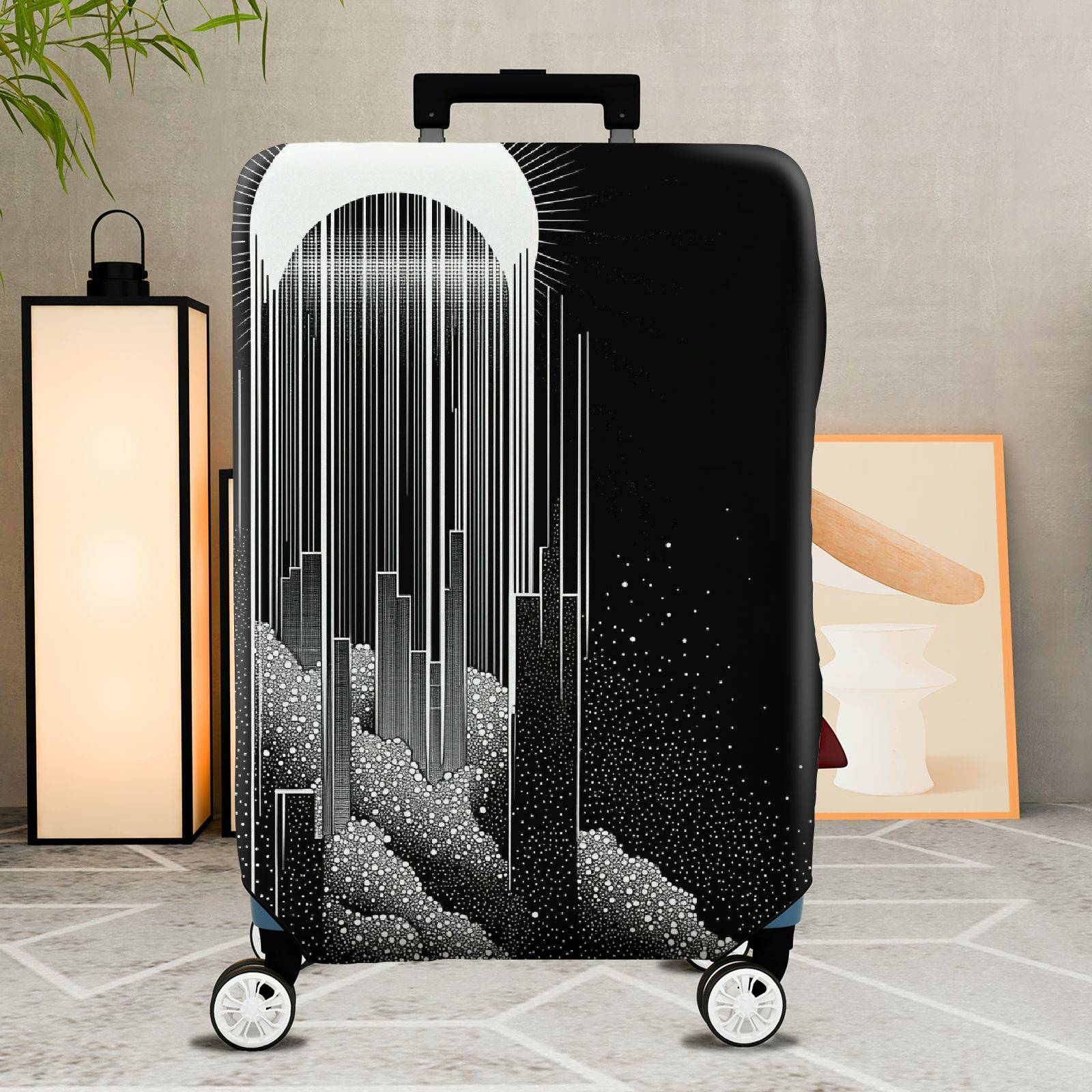 1-Piece Black White Abstract Geometric Futuristic Minimalistic  Suitcase Luggage Cover, Stretch Protective Sleeve