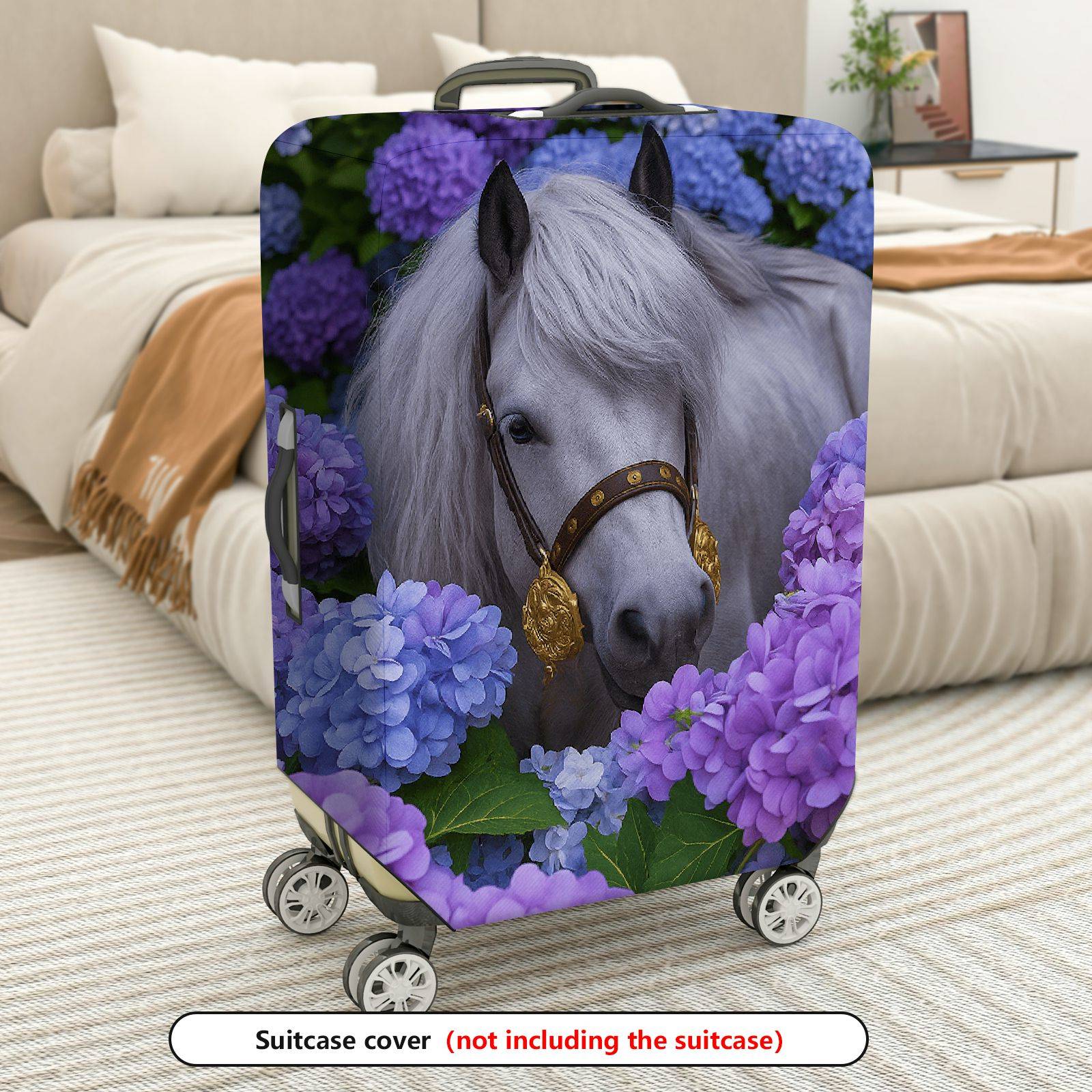 1-Piece Horse Floral Purple Blue  Suitcase Luggage Cover, Stretch Protective Sleeve