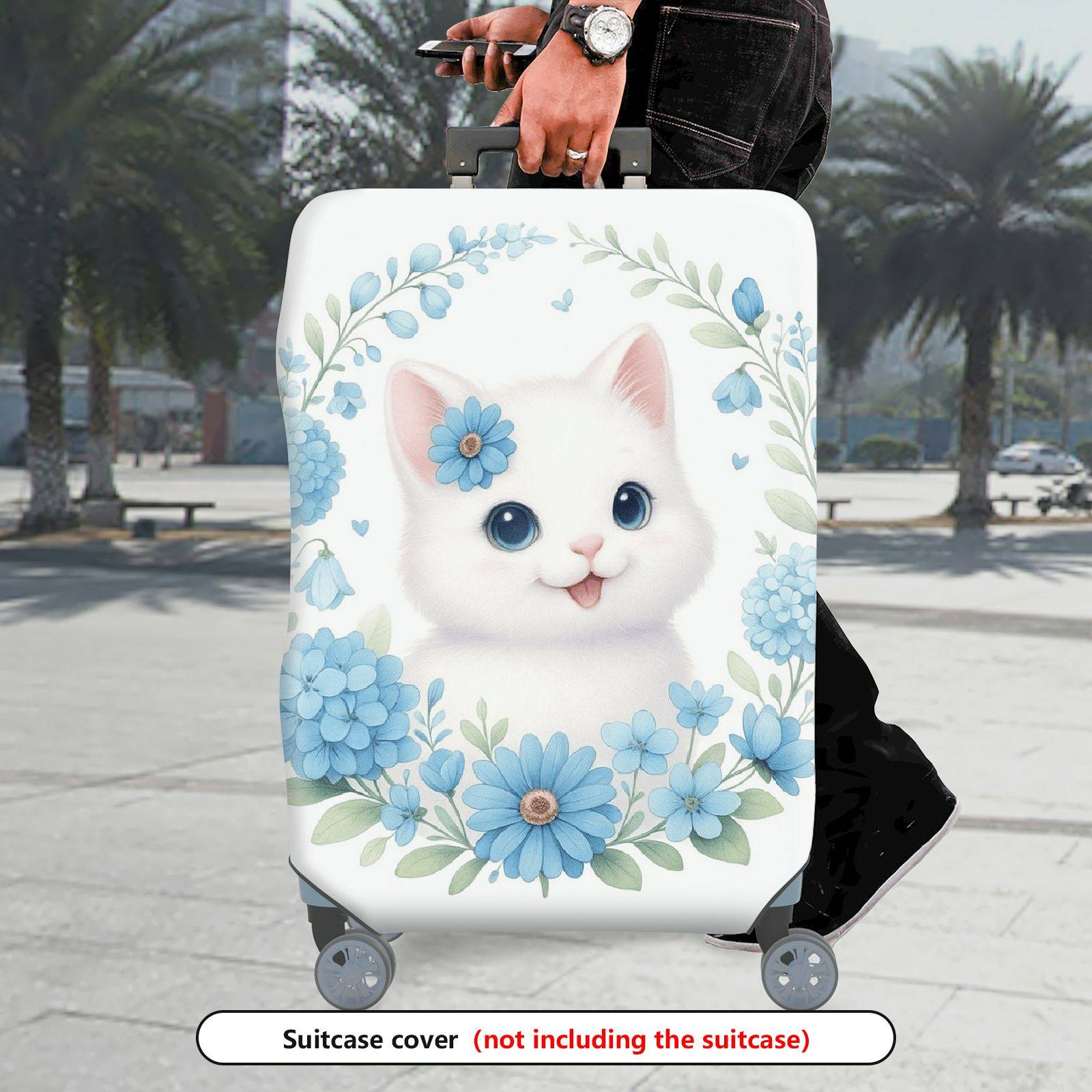 1-Piece Floral Cat Design Blooming Blue Daisy Leaves Nature  Suitcase Luggage Cover, Stretch Protective Sleeve