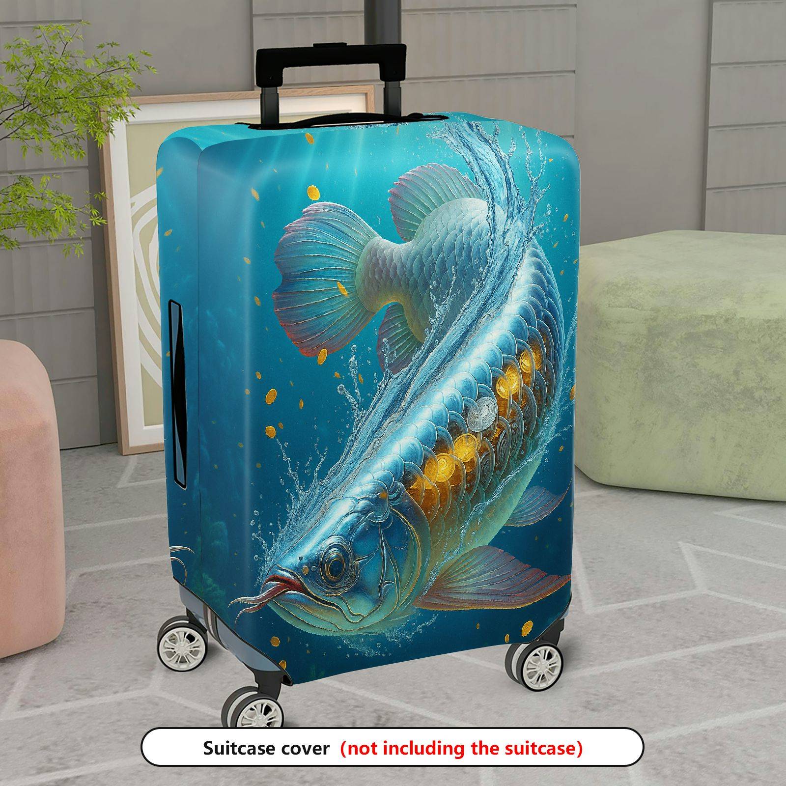 1-Piece Blue Fish Water Gold Ocean Artistic  Suitcase Luggage Cover, Stretch Protective Sleeve