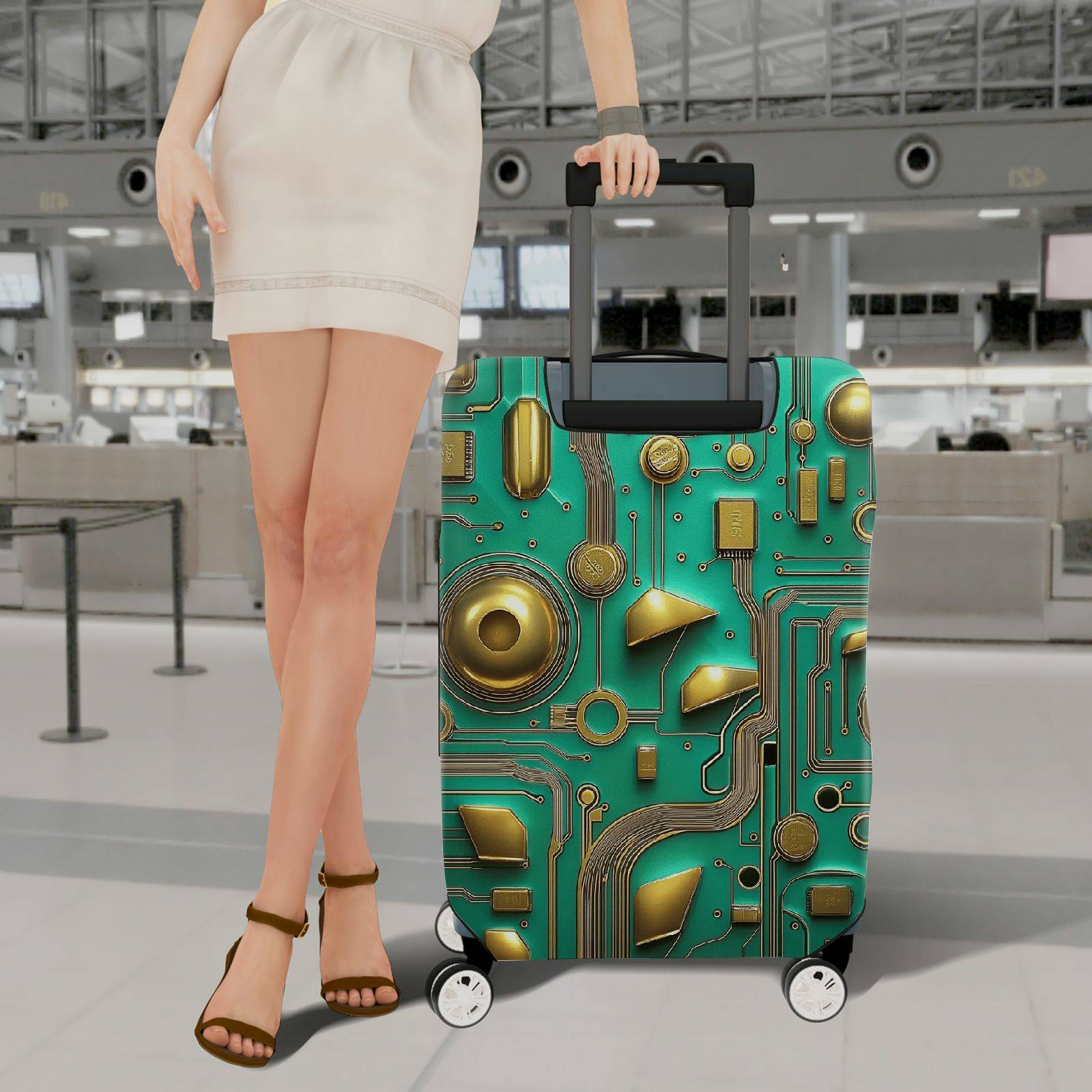 1-Piece Abstract Geometric Gold Circuitry Futuristic Art  Suitcase Luggage Cover, Stretch Protective Sleeve