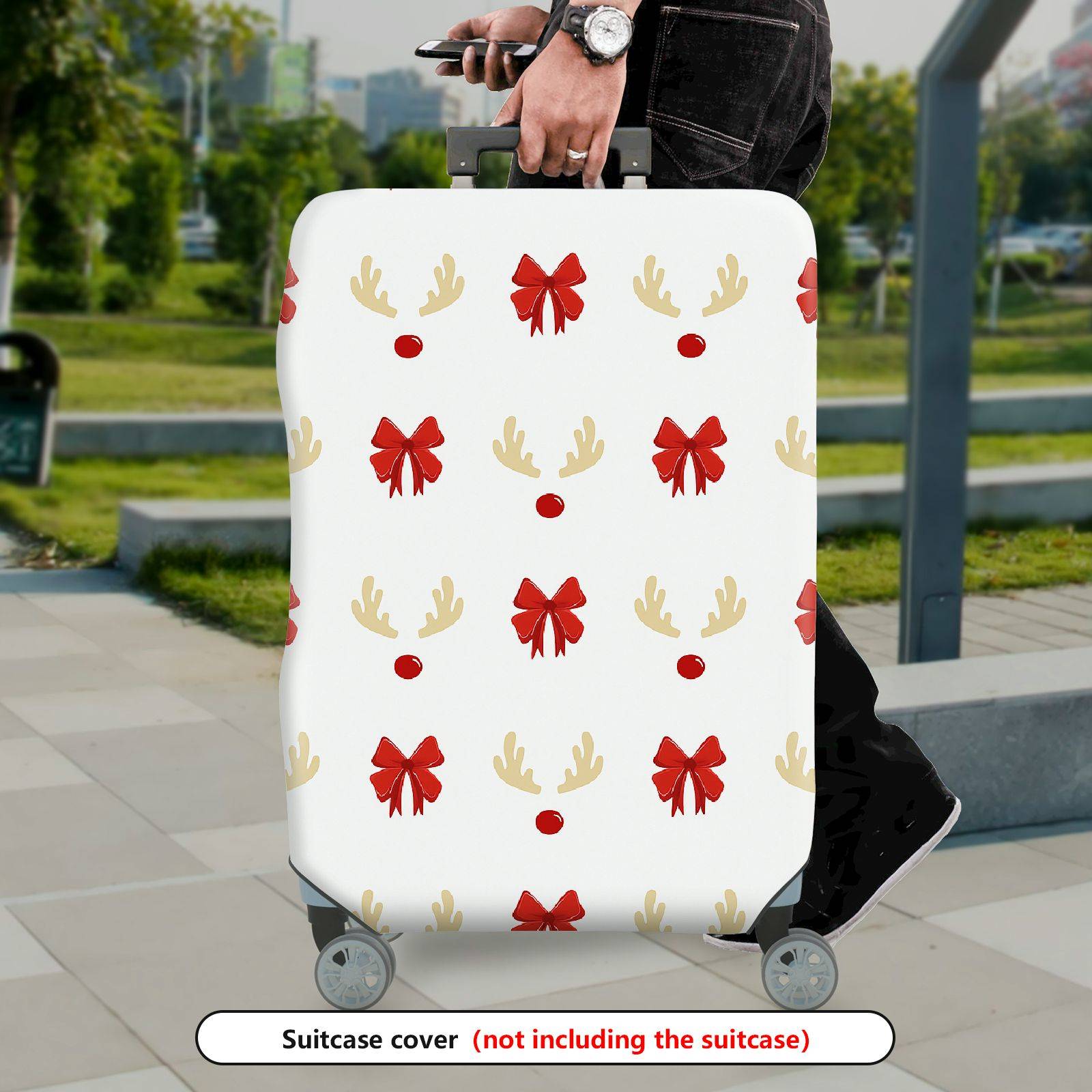 1-Piece Holiday Reindeer Bow Festive Cheerful Joyful  Suitcase Luggage Cover, Stretch Protective Sleeve