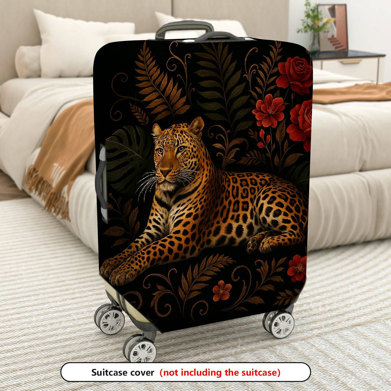 1-Piece Animal Floral Pattern Leopard Rose Leaf Art  Suitcase Luggage Cover, Stretch Protective Sleeve
