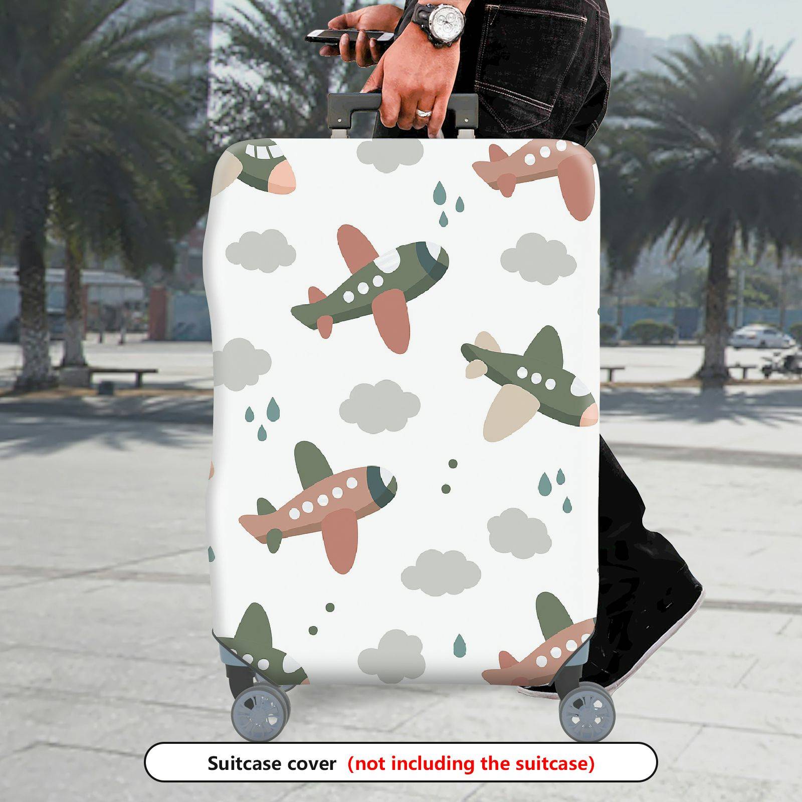 1-Piece Airplane Cloud Raindrop Pattern  Playful Travel  Suitcase Luggage Cover, Stretch Protective Sleeve