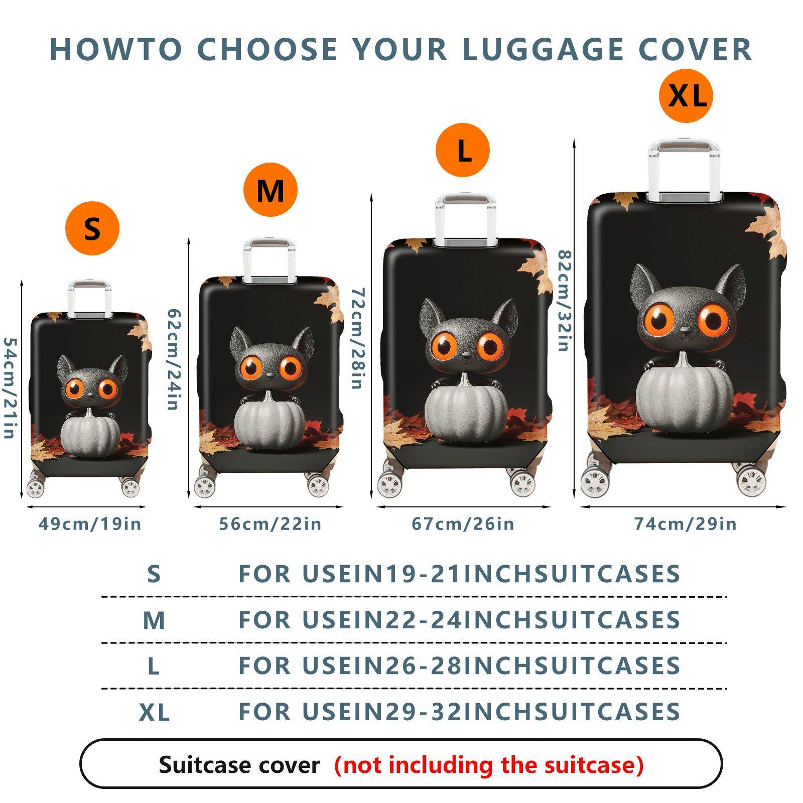 1-Piece Cute Cat Halloween Autumn Leaves Pumpkin  Suitcase Luggage Cover, Stretch Protective Sleeve