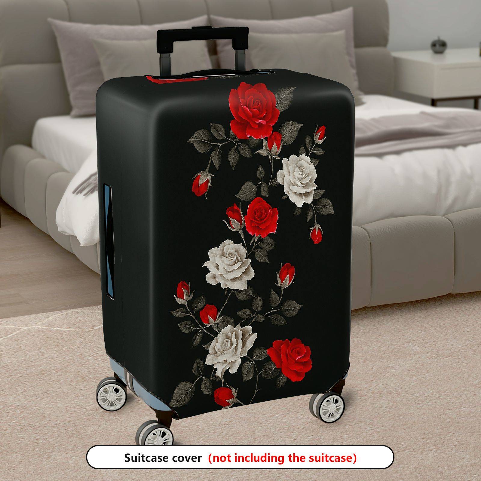 1-Piece Red White Black Floral Rose Pattern  Suitcase Luggage Cover, Stretch Protective Sleeve