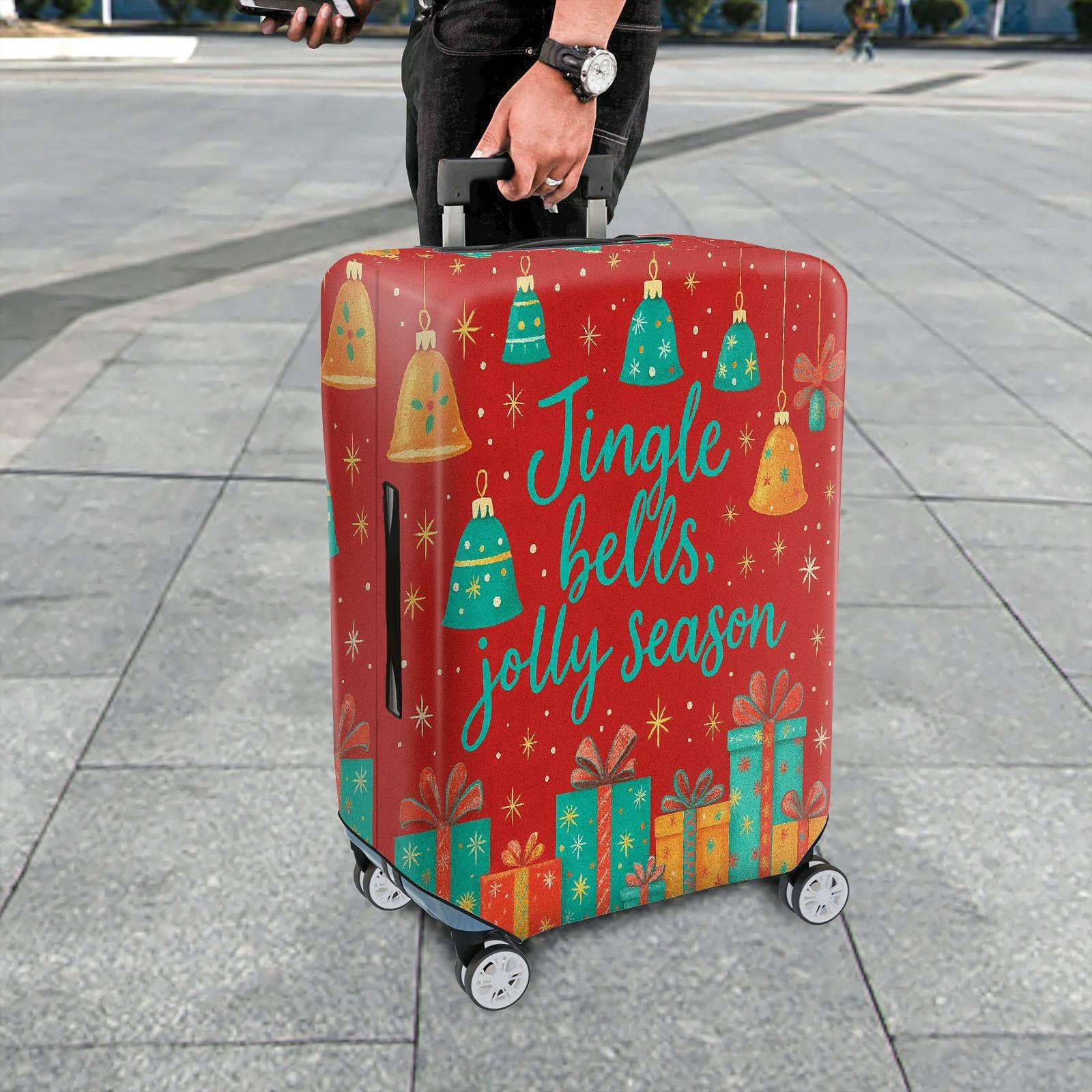 1-Piece Christmas Holiday Festive Bells Gifts  Suitcase Luggage Cover, Stretch Protective Sleeve