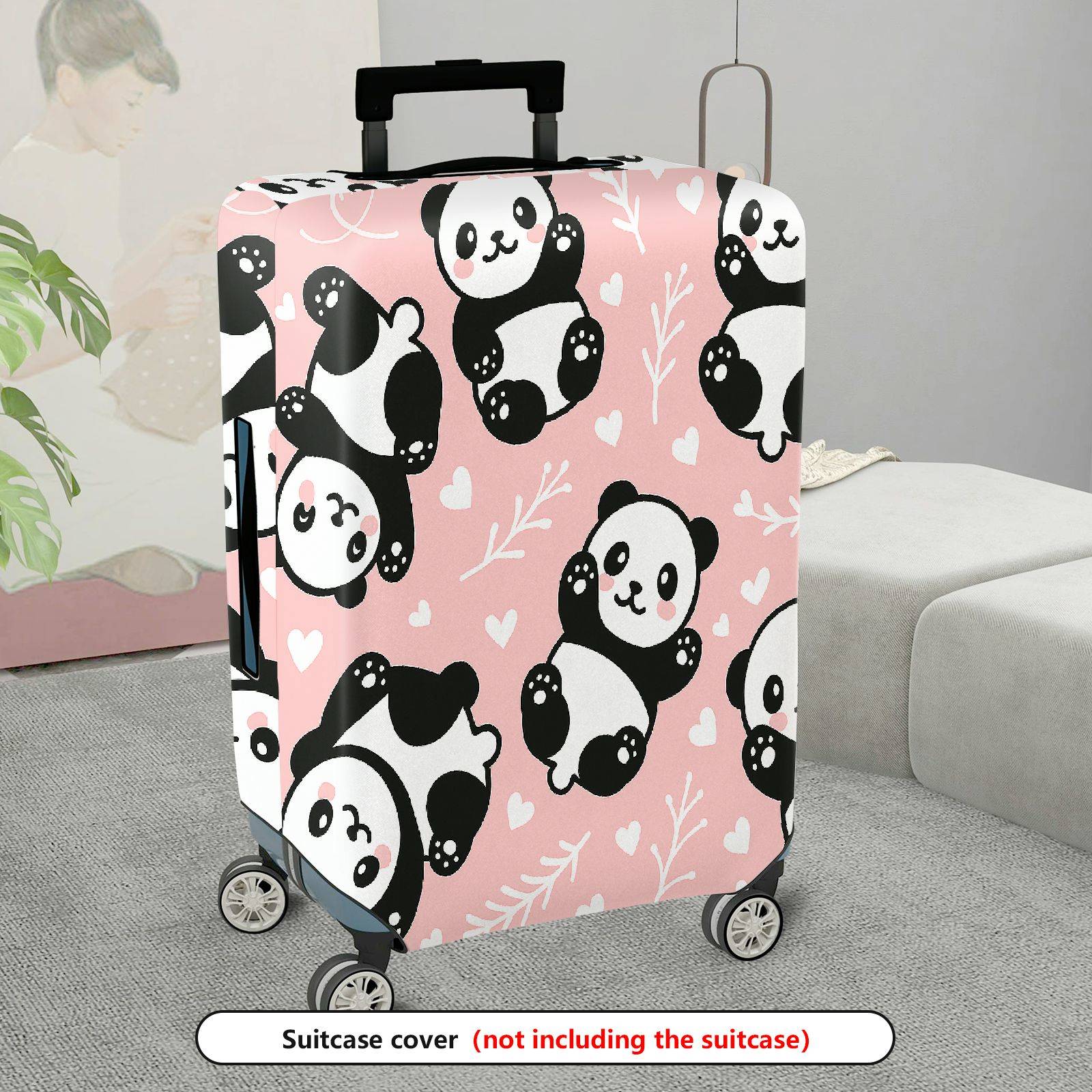 1-Piece Pink Cute Panda Heart Floral Pattern  Suitcase Luggage Cover, Stretch Protective Sleeve
