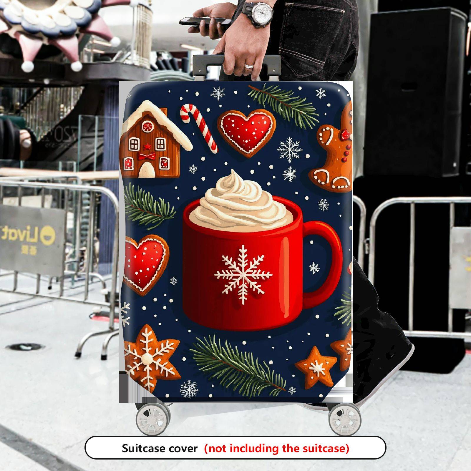 1-Piece Christmas Holiday Winter Mug Gingerbread Heart  Suitcase Luggage Cover, Stretch Protective Sleeve