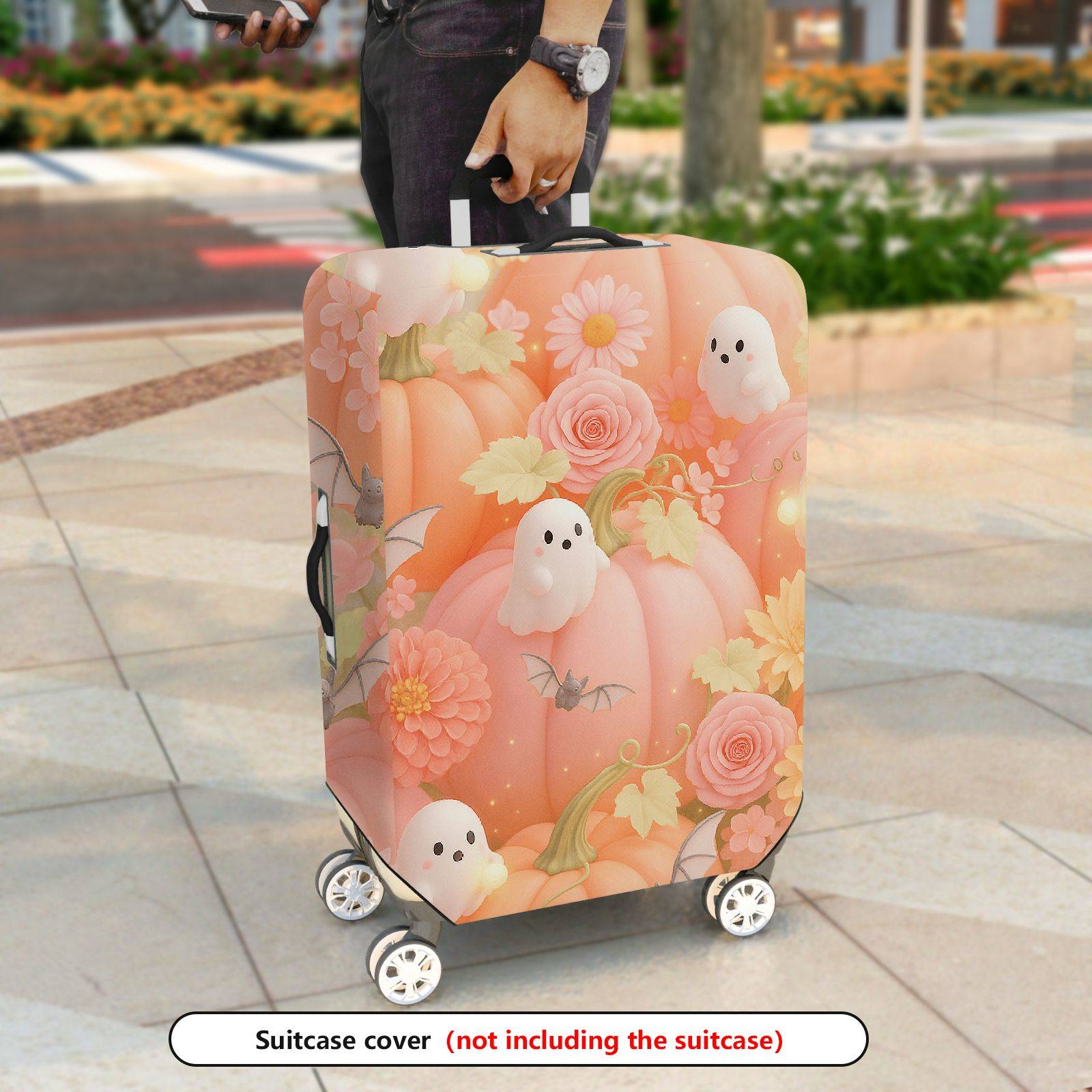 1-Piece Halloween Ghost Pumpkin Floral Bat  Suitcase Luggage Cover, Stretch Protective Sleeve