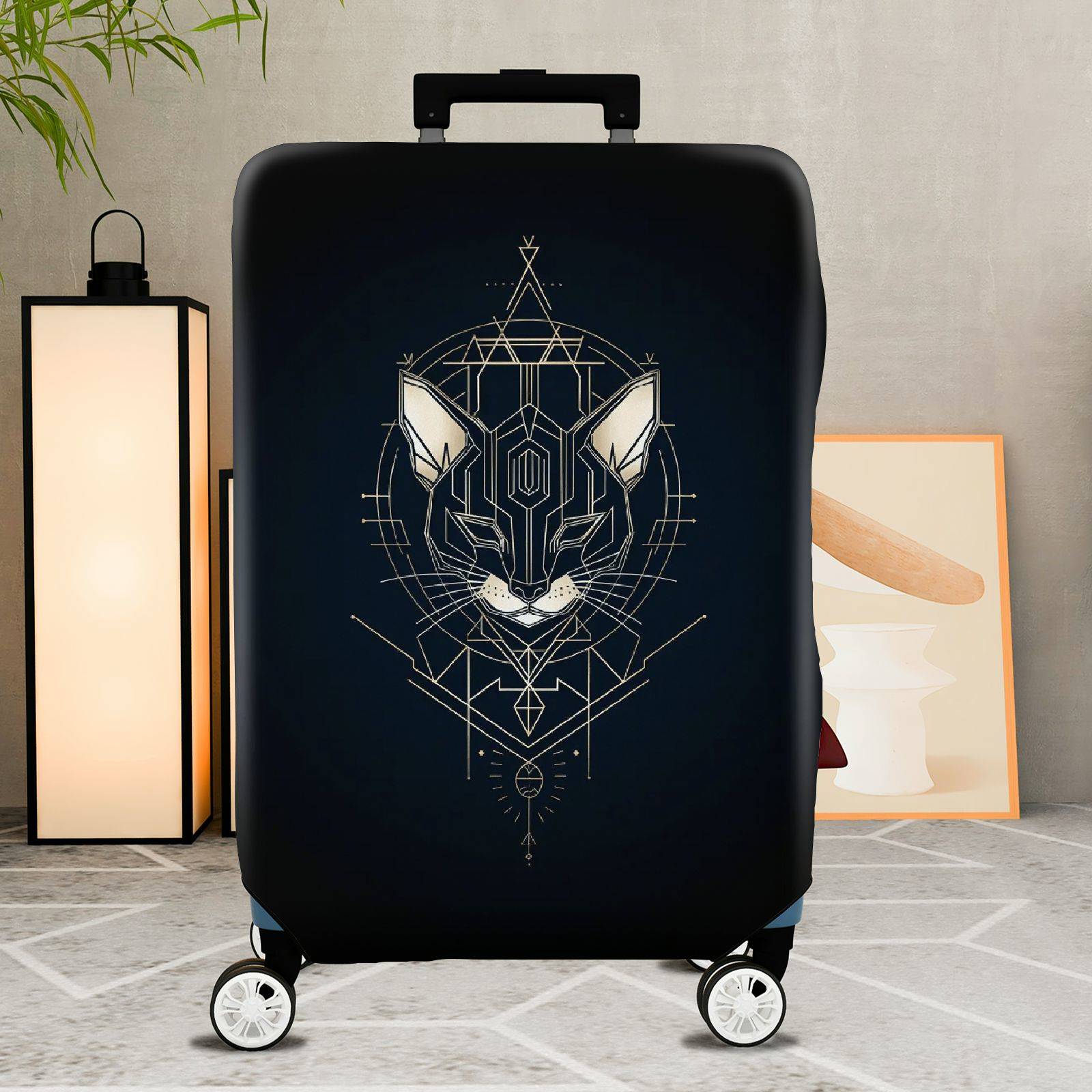 1-Piece Geometric Cat Art Design Black Modern Sleek Stylish  Suitcase Luggage Cover, Stretch Protective Sleeve