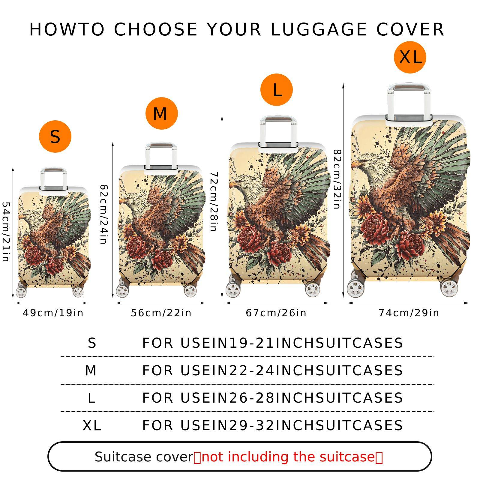1-Piece Eagle Floral Vintage Artistic Nature Wildlife  Suitcase Luggage Cover, Stretch Protective Sleeve