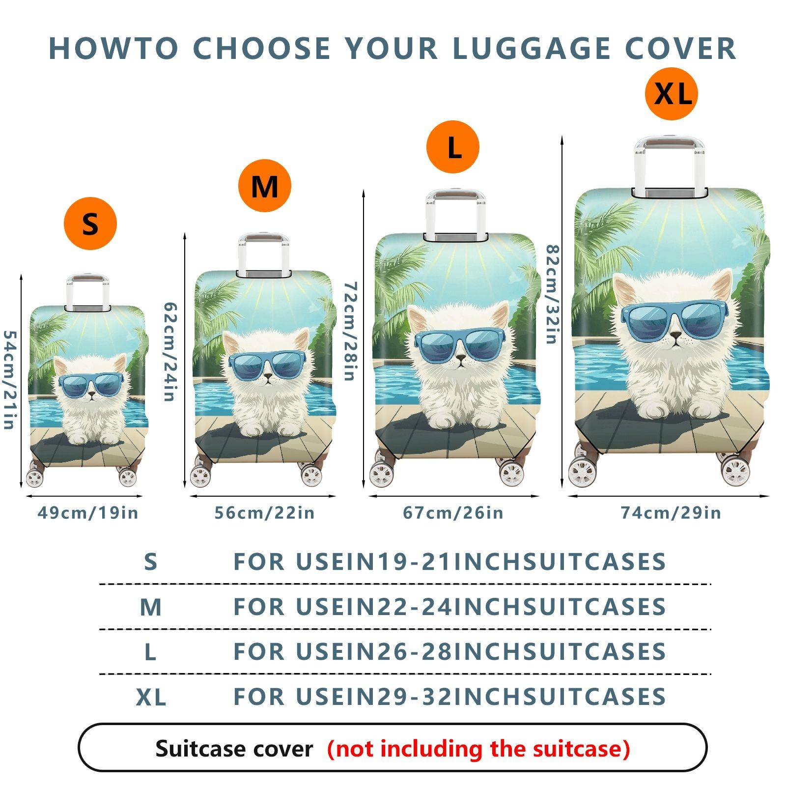 1-Piece Cat Sunglasses Pool Sun Holiday Vacation  Suitcase Luggage Cover, Stretch Protective Sleeve