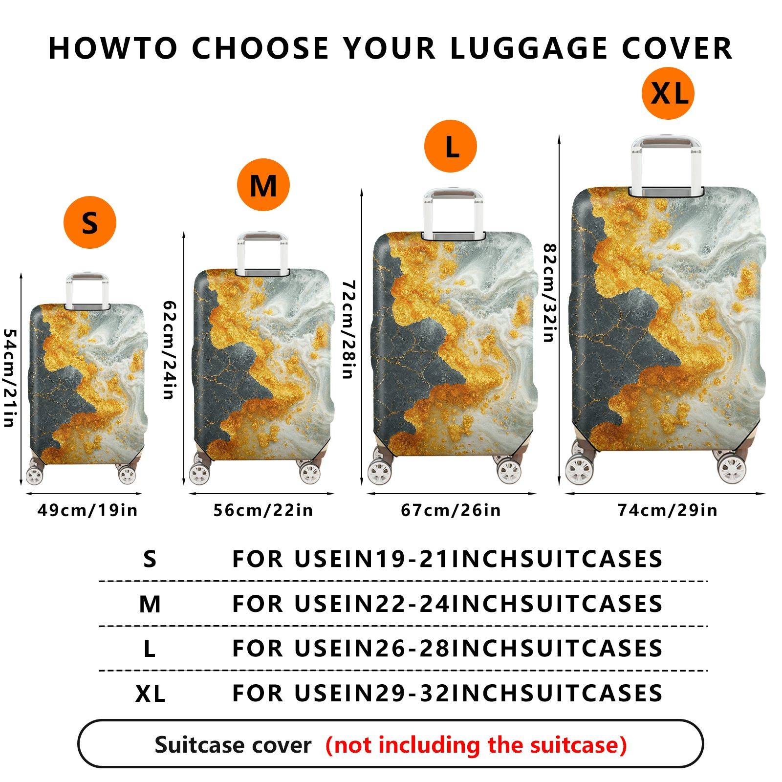 1-Piece Abstract Marble Gold Black White Swirl Artistic  Suitcase Luggage Cover, Stretch Protective Sleeve