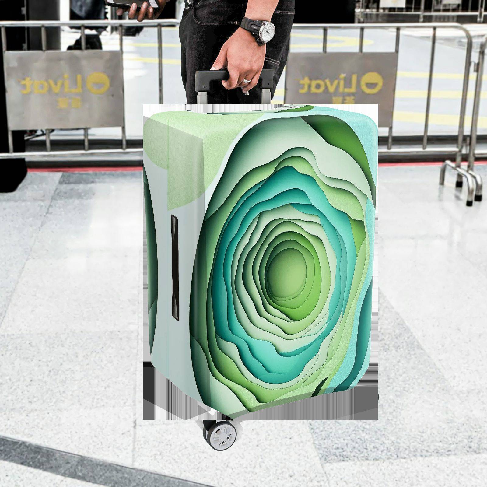 1-Piece Abstract Layered Pattern Green Blue Artistic  Suitcase Luggage Cover, Stretch Protective Sleeve