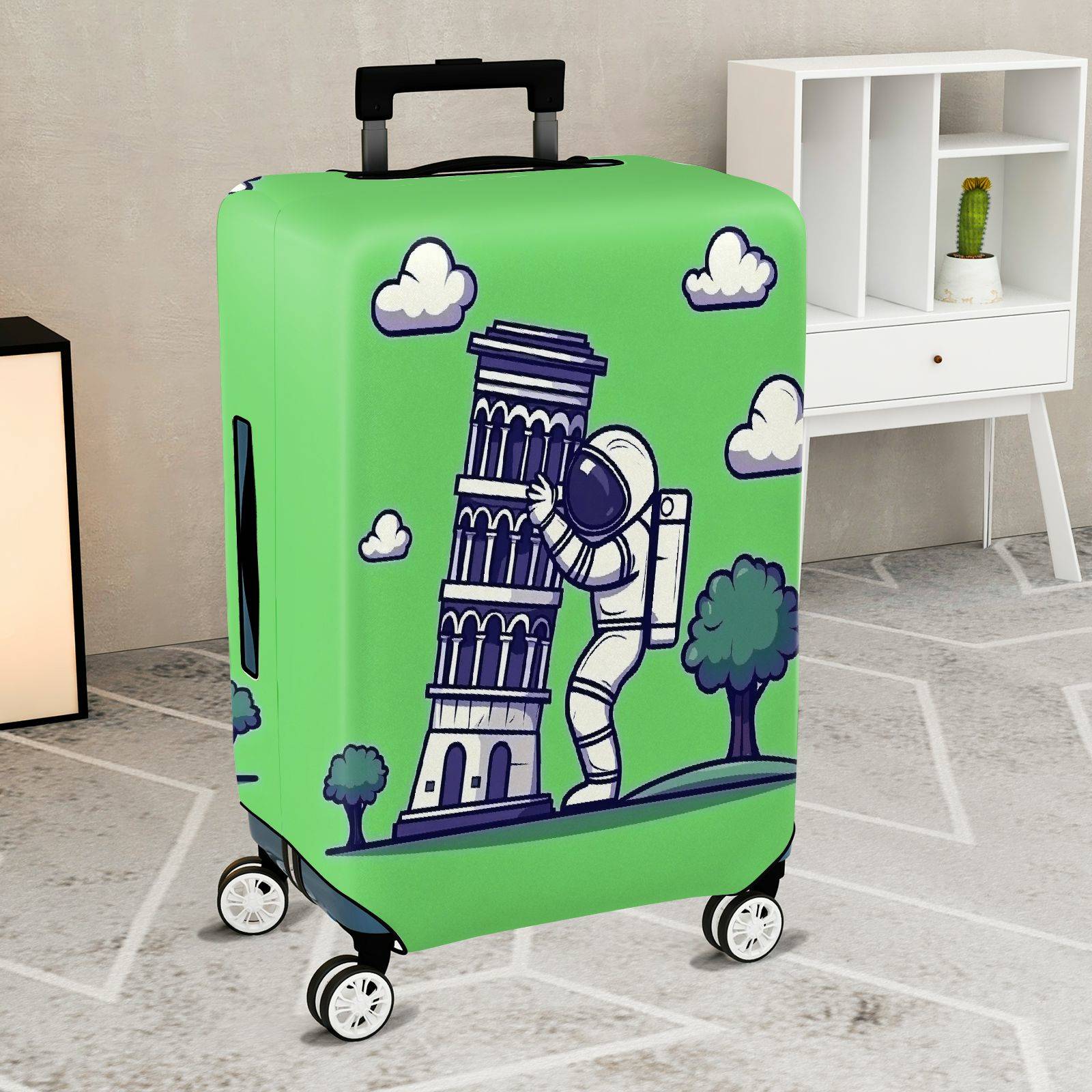 1-Piece Astronaut Pisa Tower Clouds Trees Green  Suitcase Luggage Cover, Stretch Protective Sleeve
