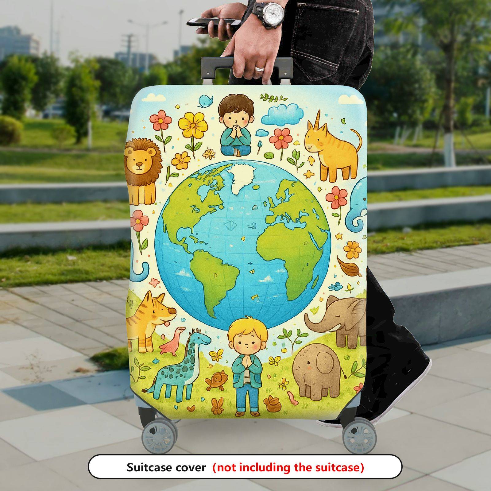 1-Piece Animal World Map Nature Earth  Suitcase Luggage Cover, Stretch Protective Sleeve