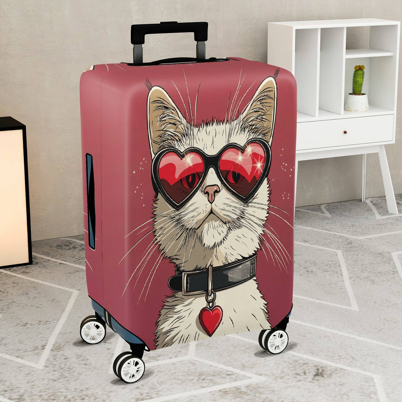 1-Piece Cat Sunglasses Heart Pink Cute  Suitcase Luggage Cover, Stretch Protective Sleeve
