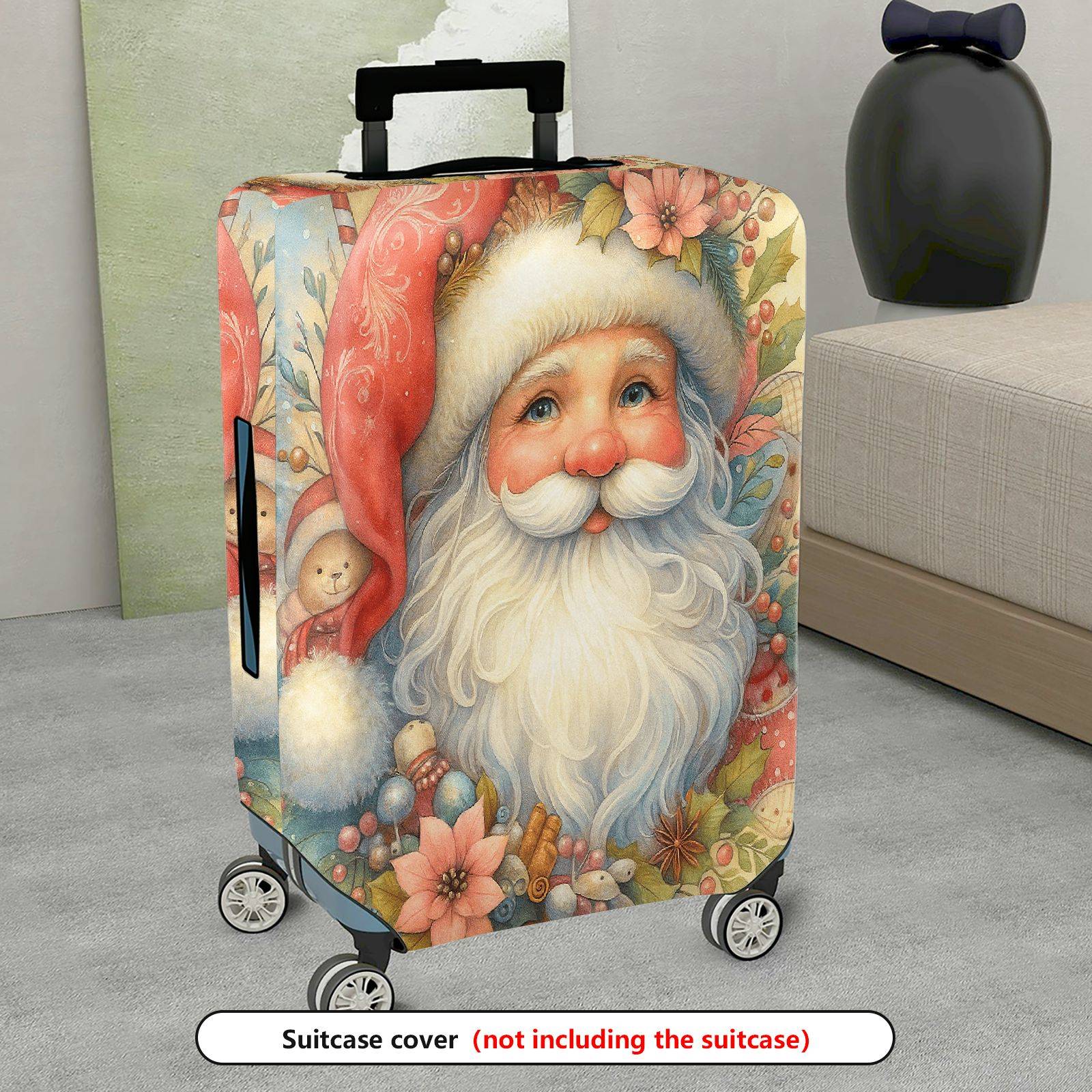 1-Piece Christmas Santa Claus Floral Holiday Winter  Suitcase Luggage Cover, Stretch Protective Sleeve
