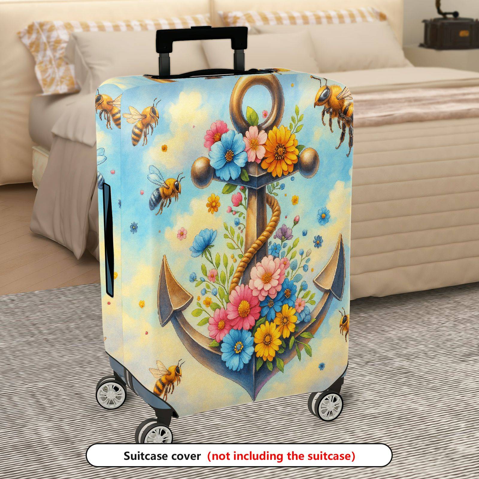 1-Piece Anchor Floral Ocean Bee Clouds Colorful  Suitcase Luggage Cover, Stretch Protective Sleeve