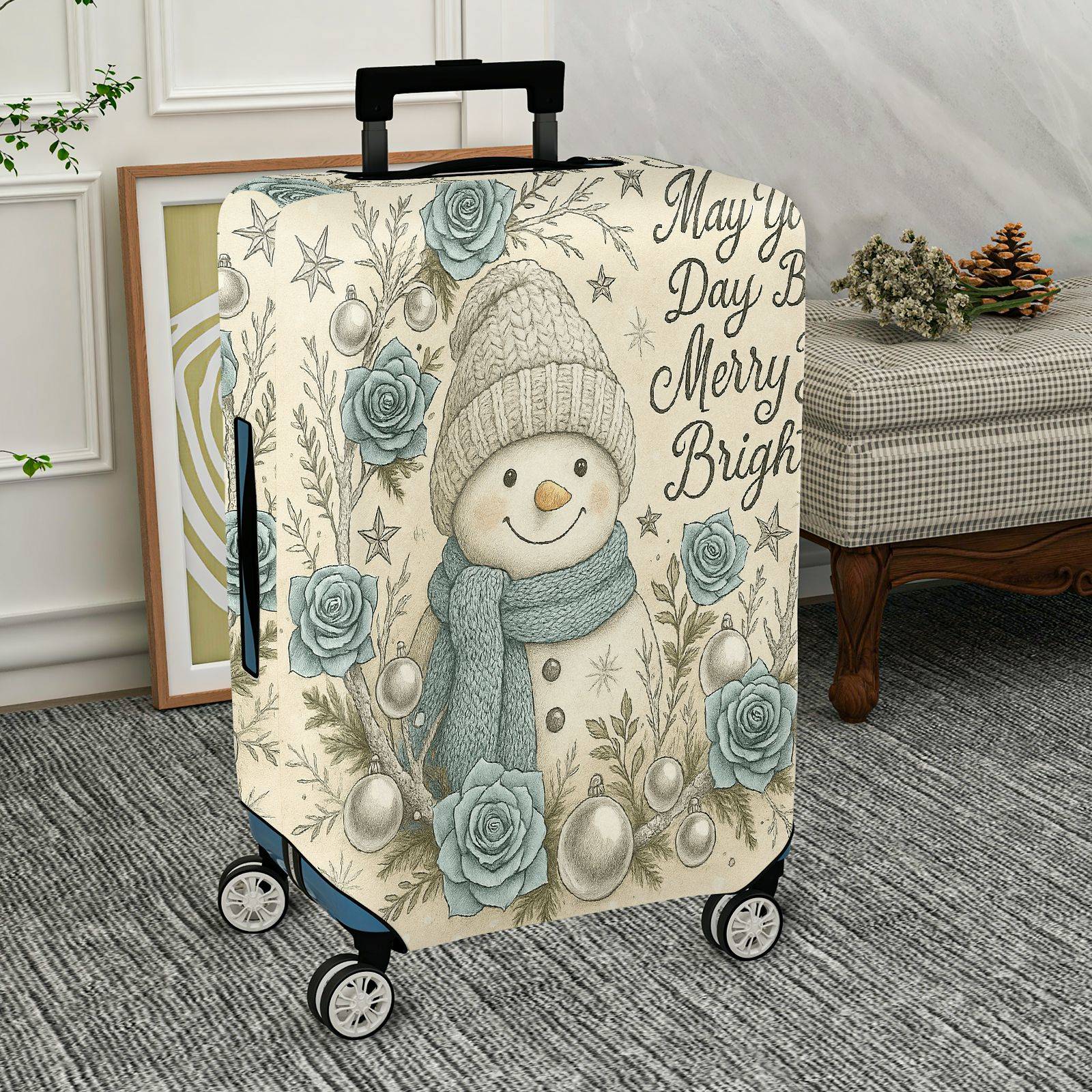 1-Piece Snowman Winter Holiday Christmas Floral Star  Suitcase Luggage Cover, Stretch Protective Sleeve