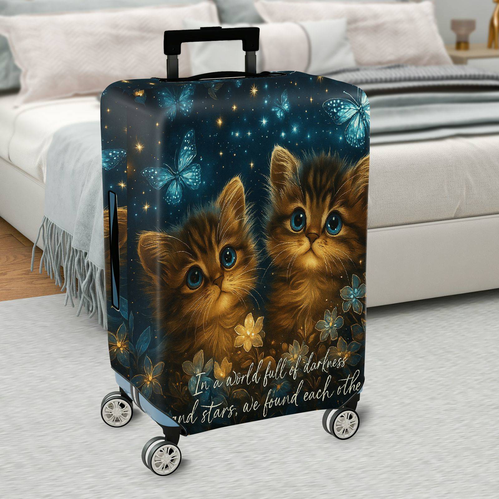 1-Piece Starry Night Cat Butterfly Floral Romantic  Suitcase Luggage Cover, Stretch Protective Sleeve