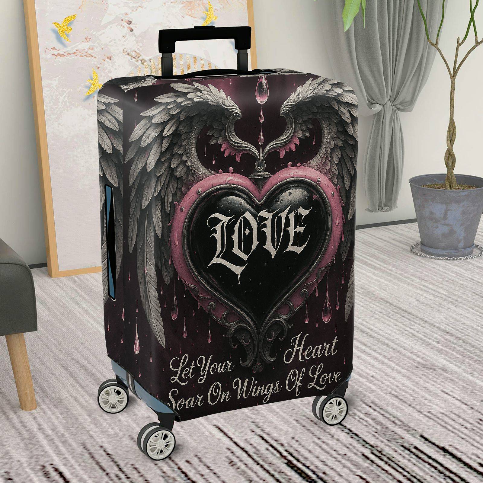 1-Piece Love Heart Wings Gothic Romantic Artistic  Suitcase Luggage Cover, Stretch Protective Sleeve