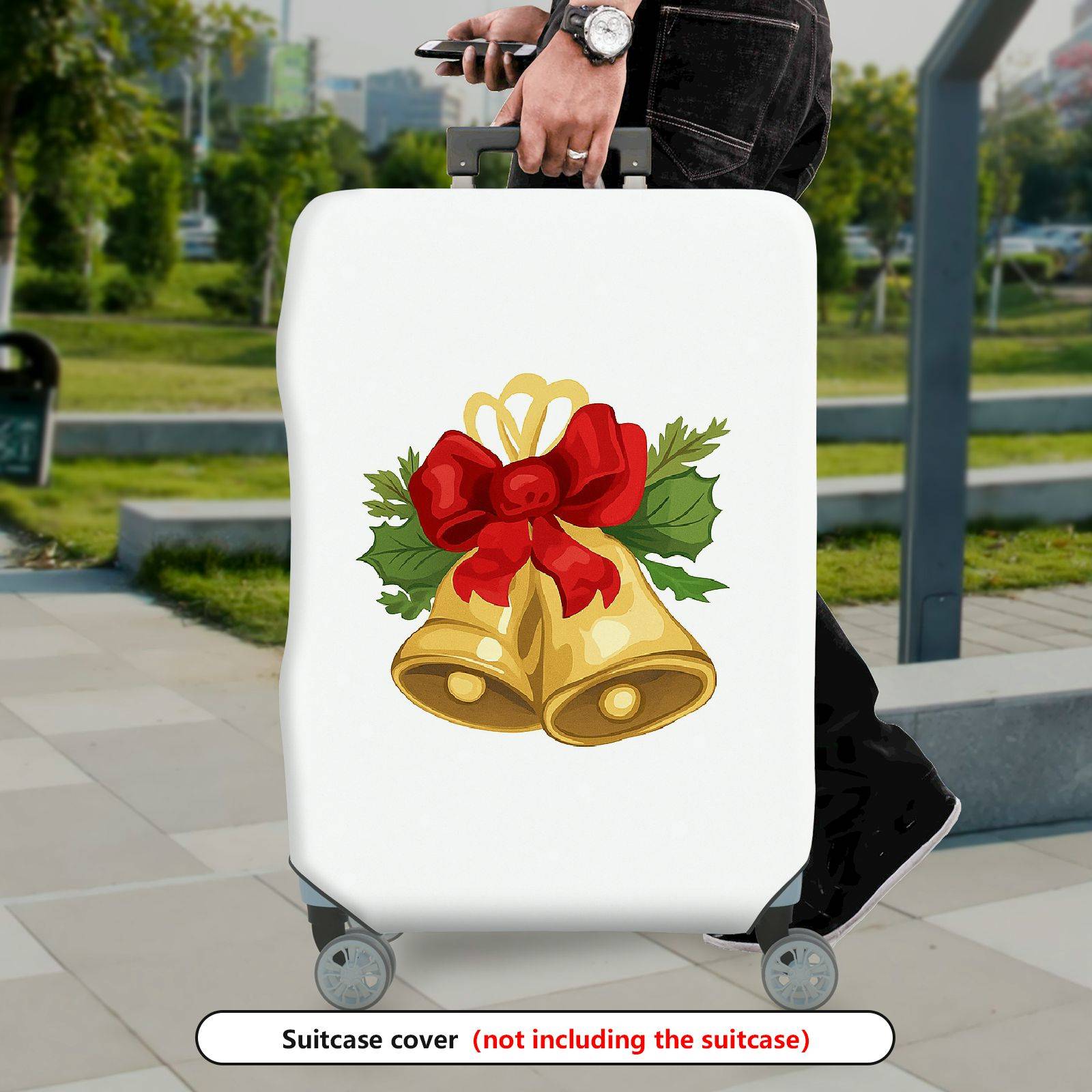 1-Piece Christmas Bell Red Bow Holiday Festive Elegant  Suitcase Luggage Cover, Stretch Protective Sleeve