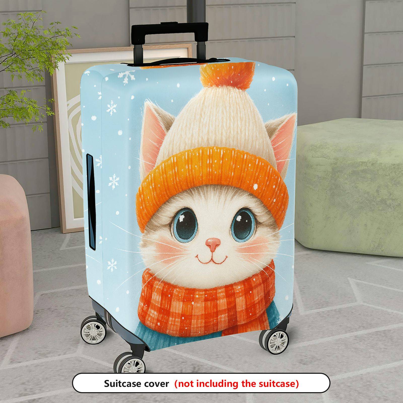 1-Piece Cute  Cat Winter Holiday Snow Fluffy Adorable  Suitcase Luggage Cover, Stretch Protective Sleeve