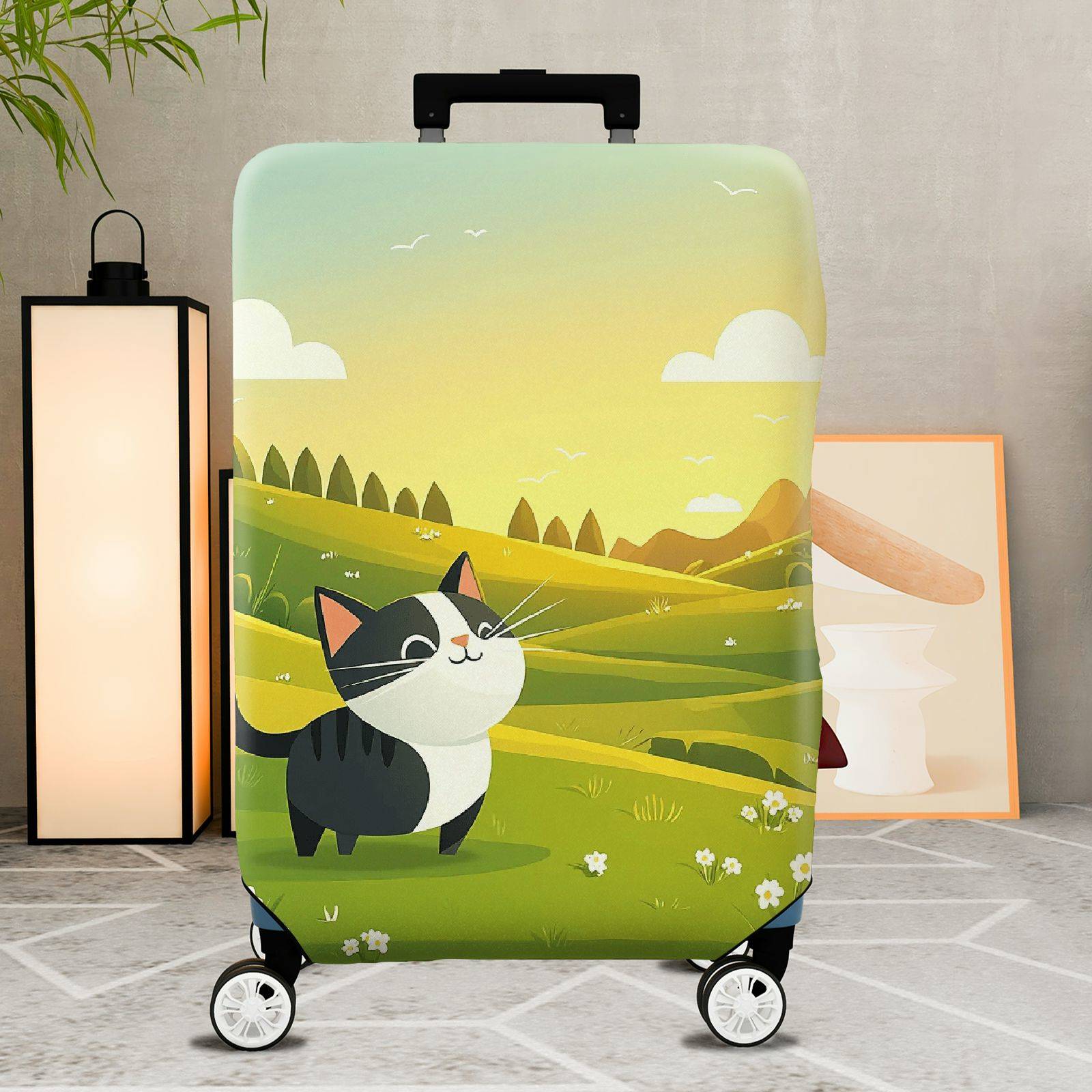 1-Piece Cute Cat Green Landscape  Animal  Suitcase Luggage Cover, Stretch Protective Sleeve