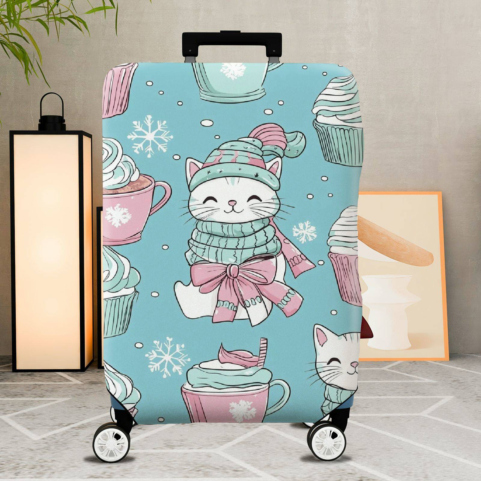 1-Piece Cute Cat Snowflake Cupcake Winter Christmas  Suitcase Luggage Cover, Stretch Protective Sleeve