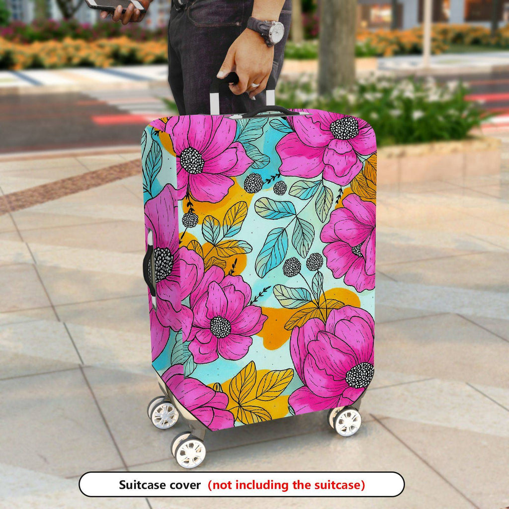 1-Piece Floral Pink Orange Blue Leaf Berry  Suitcase Luggage Cover, Stretch Protective Sleeve