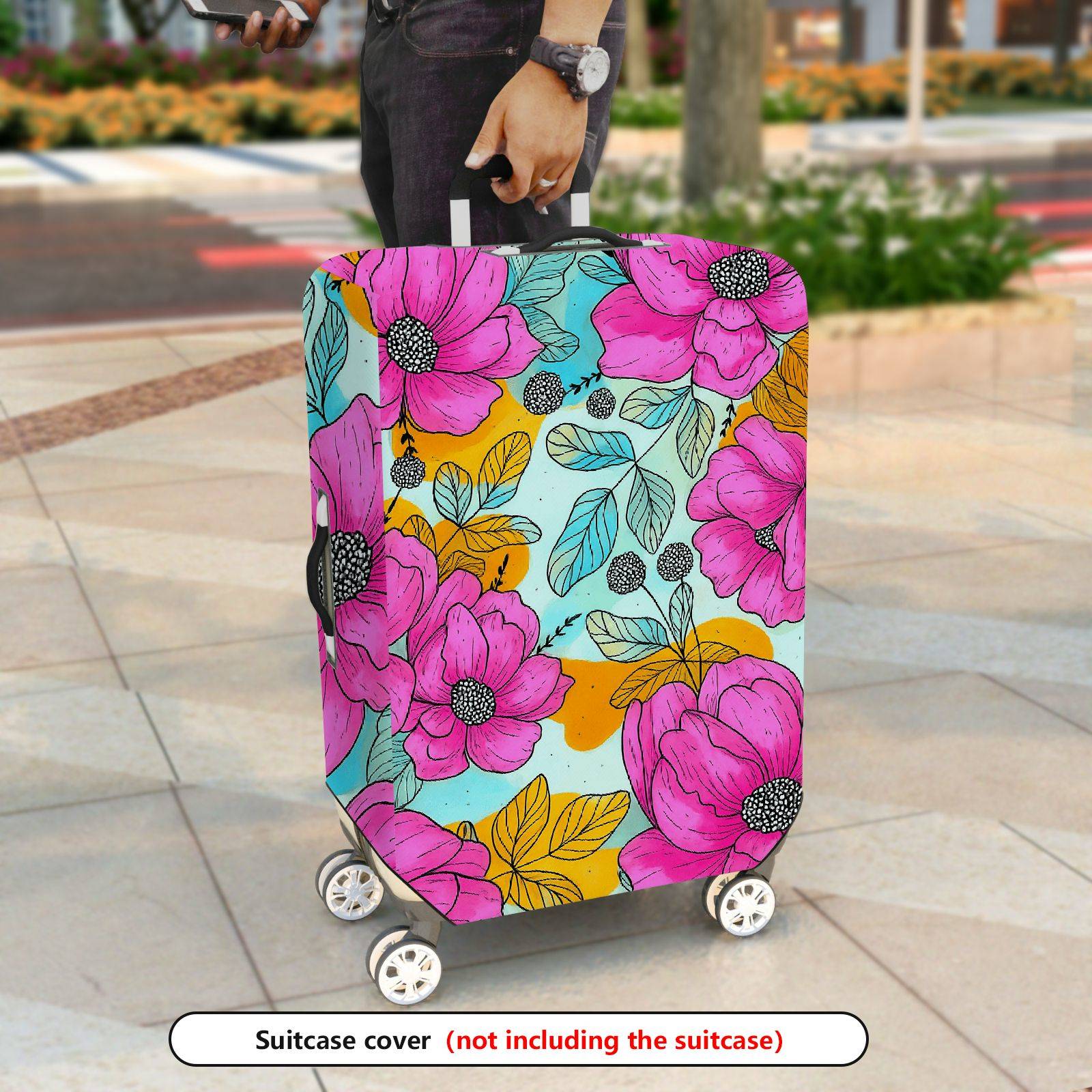 1-Piece Floral Pink Orange Blue Leaf Berry  Suitcase Luggage Cover, Stretch Protective Sleeve
