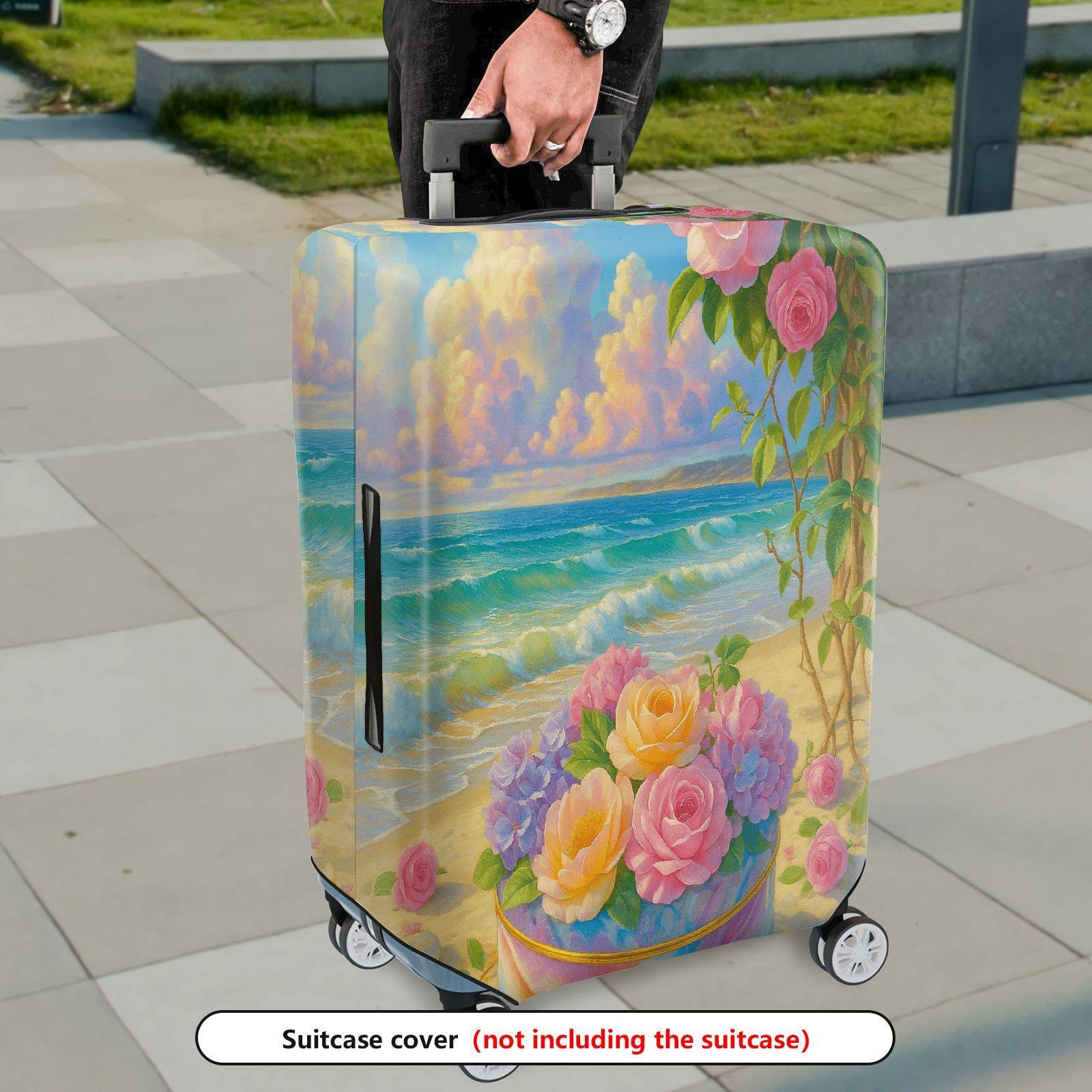 1-Piece Beach Floral Sunset Scenic Sea Rose Hydrangea  Suitcase Luggage Cover, Stretch Protective Sleeve
