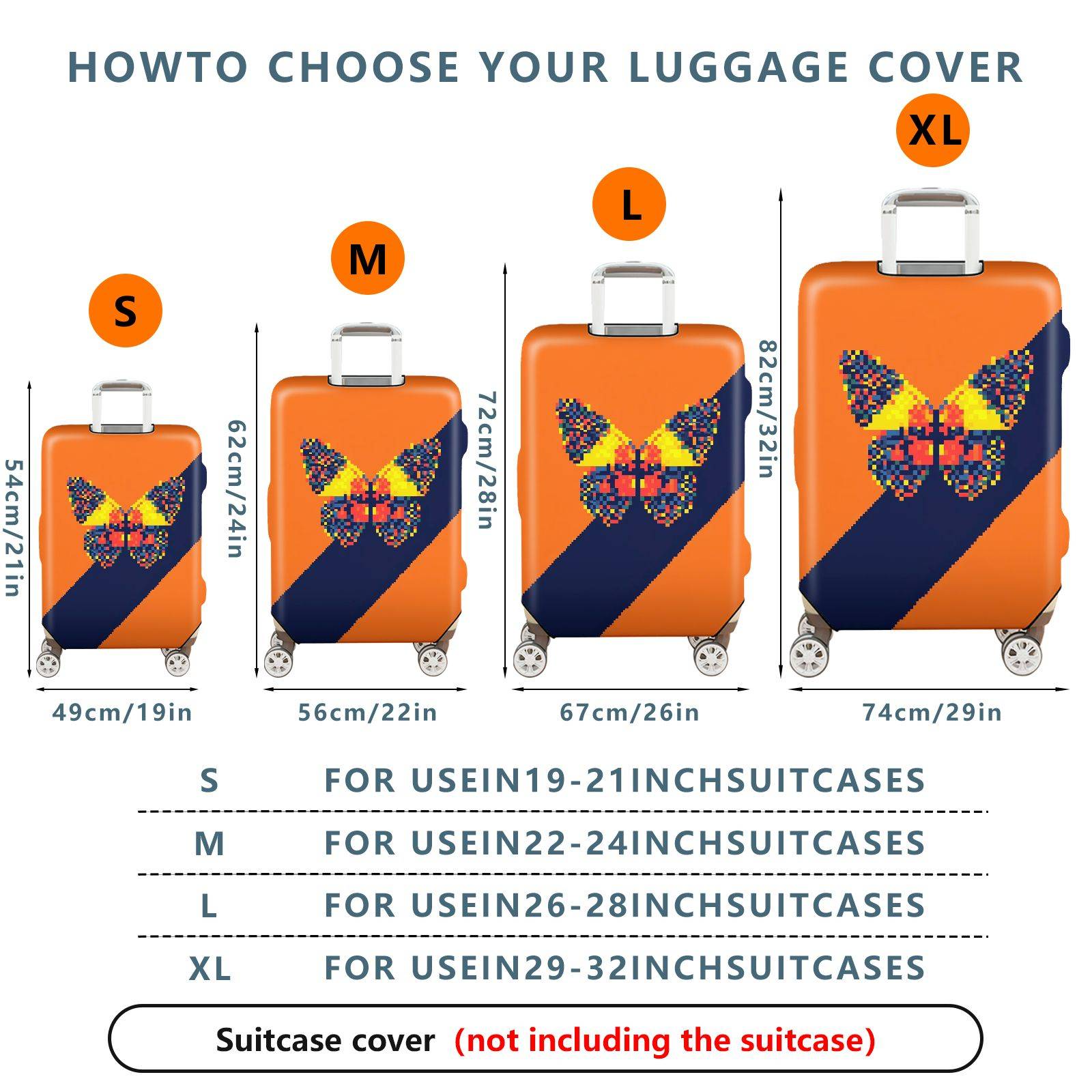 1-Piece Orange Abstract Butterfly Pattern Travel Art Pixel Geometric  Suitcase Luggage Cover, Stretch Protective Sleeve