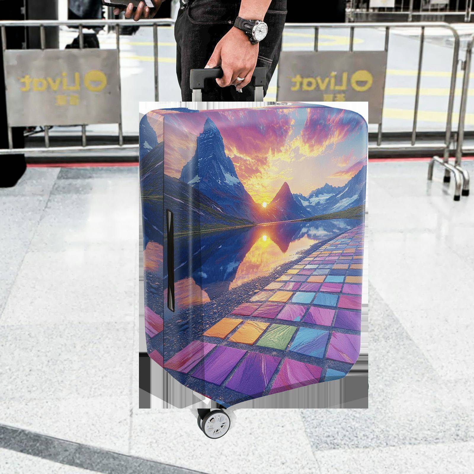 1-Piece Sunset Mountain Reflection Colorful Geometric Scenic  Suitcase Luggage Cover, Stretch Protective Sleeve