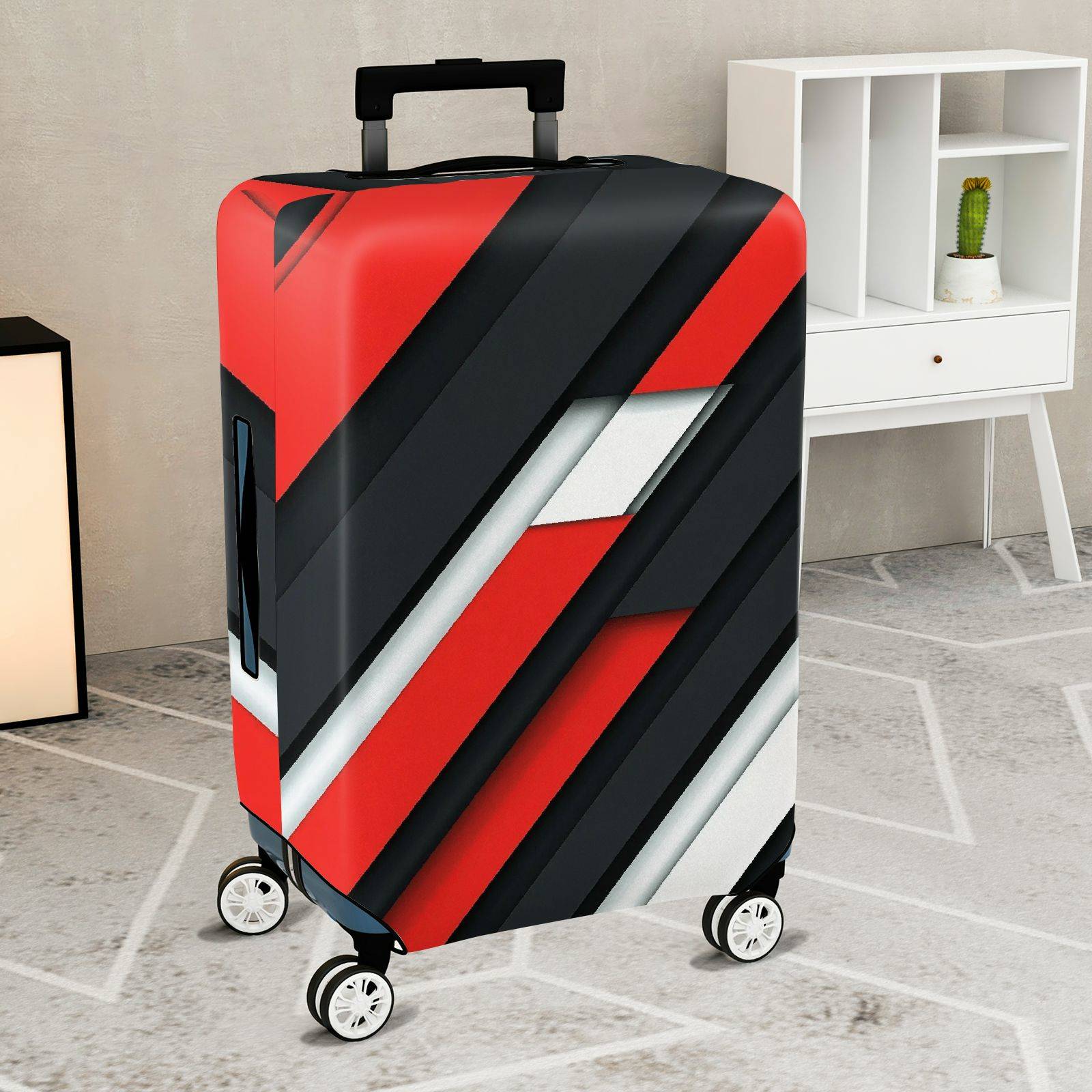 1-Piece Abstract Geometric Red Black White Bold Stylish  Suitcase Luggage Cover, Stretch Protective Sleeve